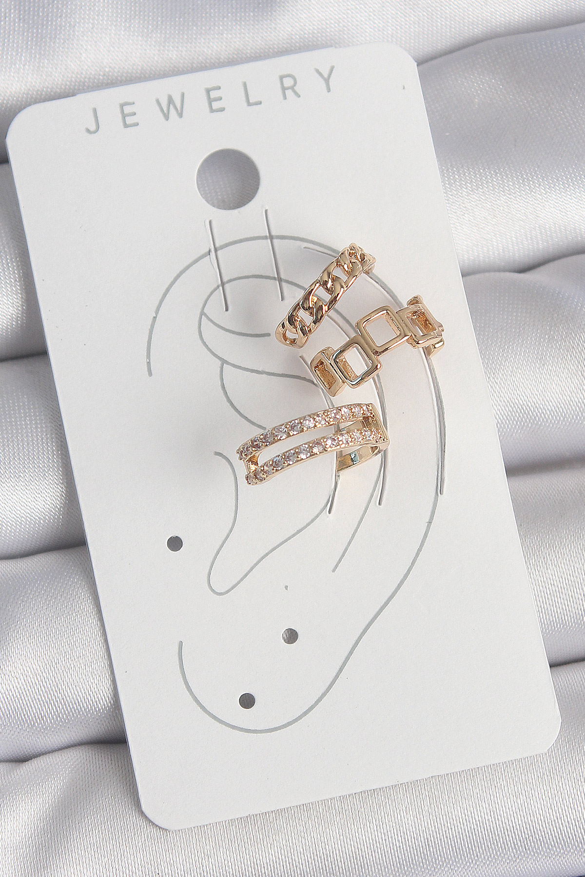 Pirinç Gold Renk Zirkon Taşlı Kare Zincir Model Kadın Kıkırdak Küpe - Lisinya