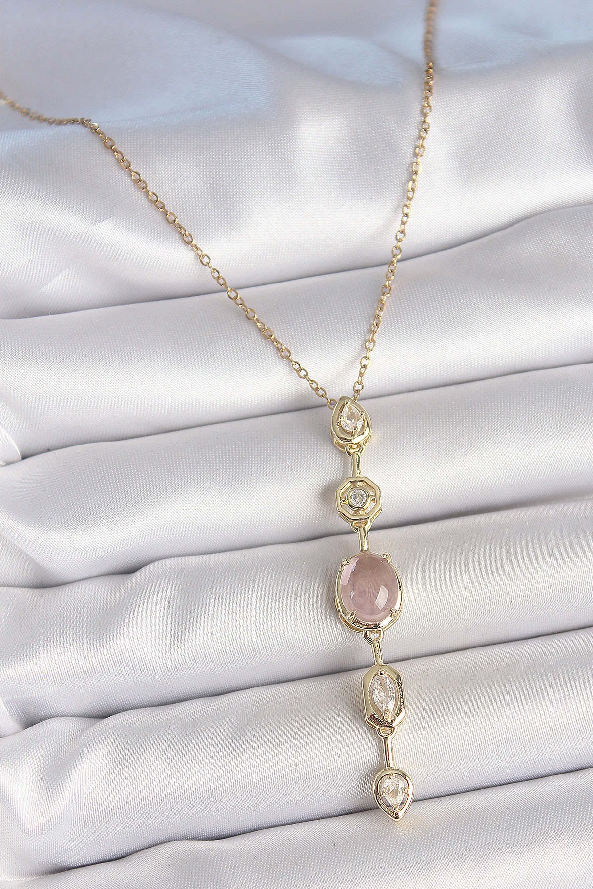 316L Çelik Zincir Gold Renk Pembe Zirkon Taşlı Y Kolye - Lisinya