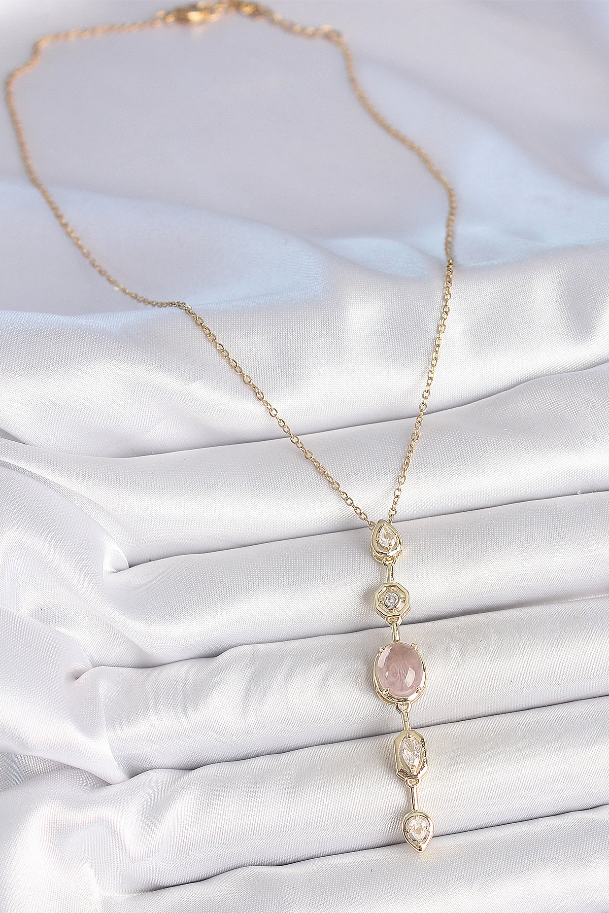 316L Çelik Zincir Gold Renk Pembe Zirkon Taşlı Y Kolye - Lisinya