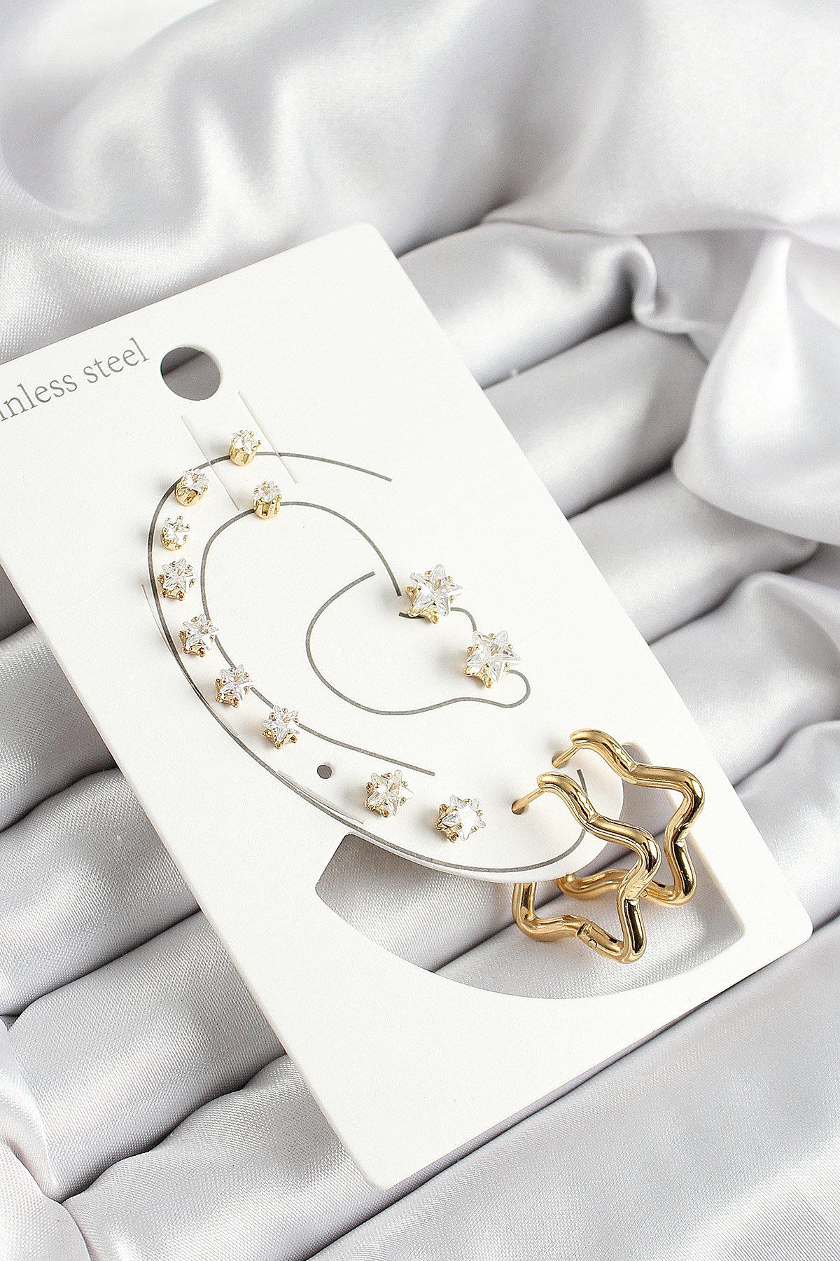 316L Çelik Yıldız Figürlü Ve Zirkon Taşlı Gold Renk 7'li Çift Kadın Küpe Set - Lisinya