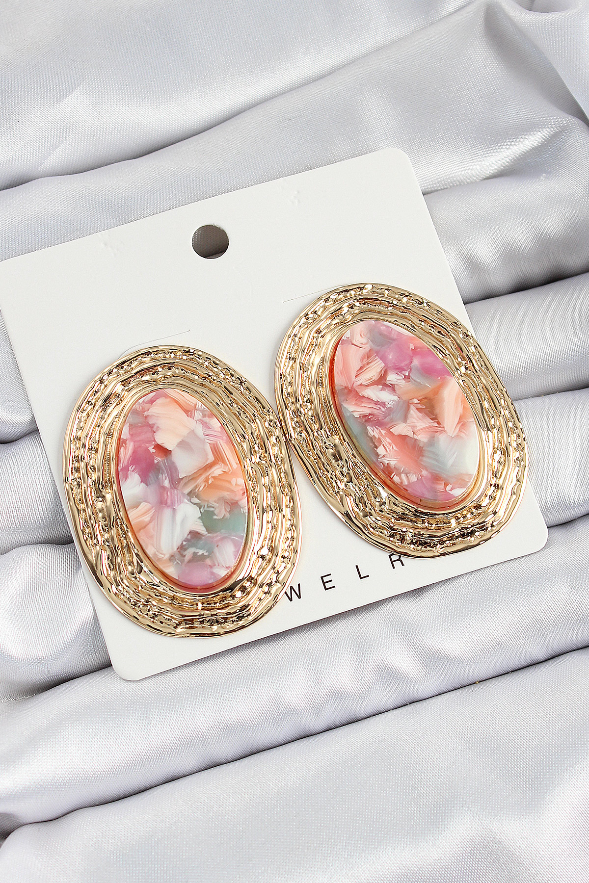 Pirinç Mermer Desenlli Pembe Sedef Oval Vintage Model Gold Renk Kadın Küpe - Lisinya