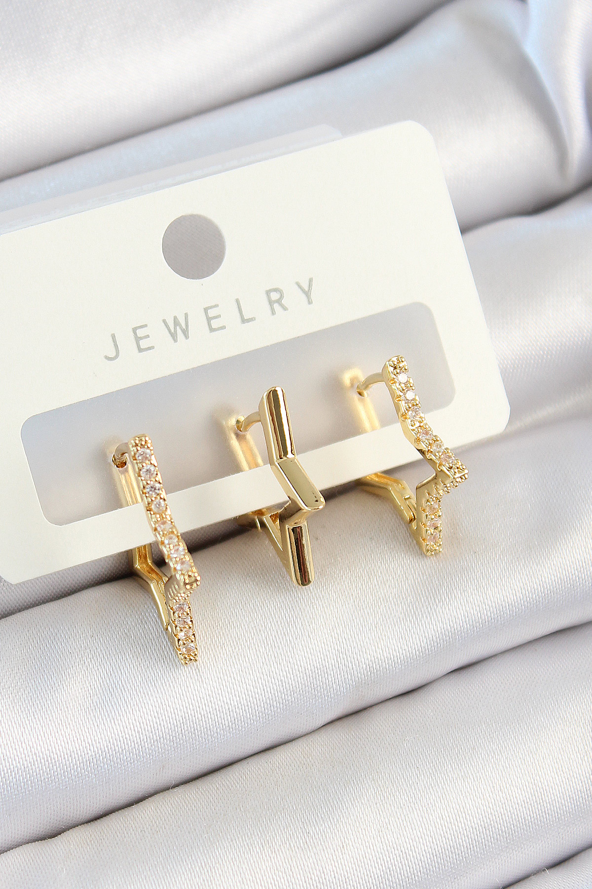 Pirinç Zirkon Taşlı Yıldız Model Gold Renk 3'lü Çift Kadın Küpe Set - Lisinya
