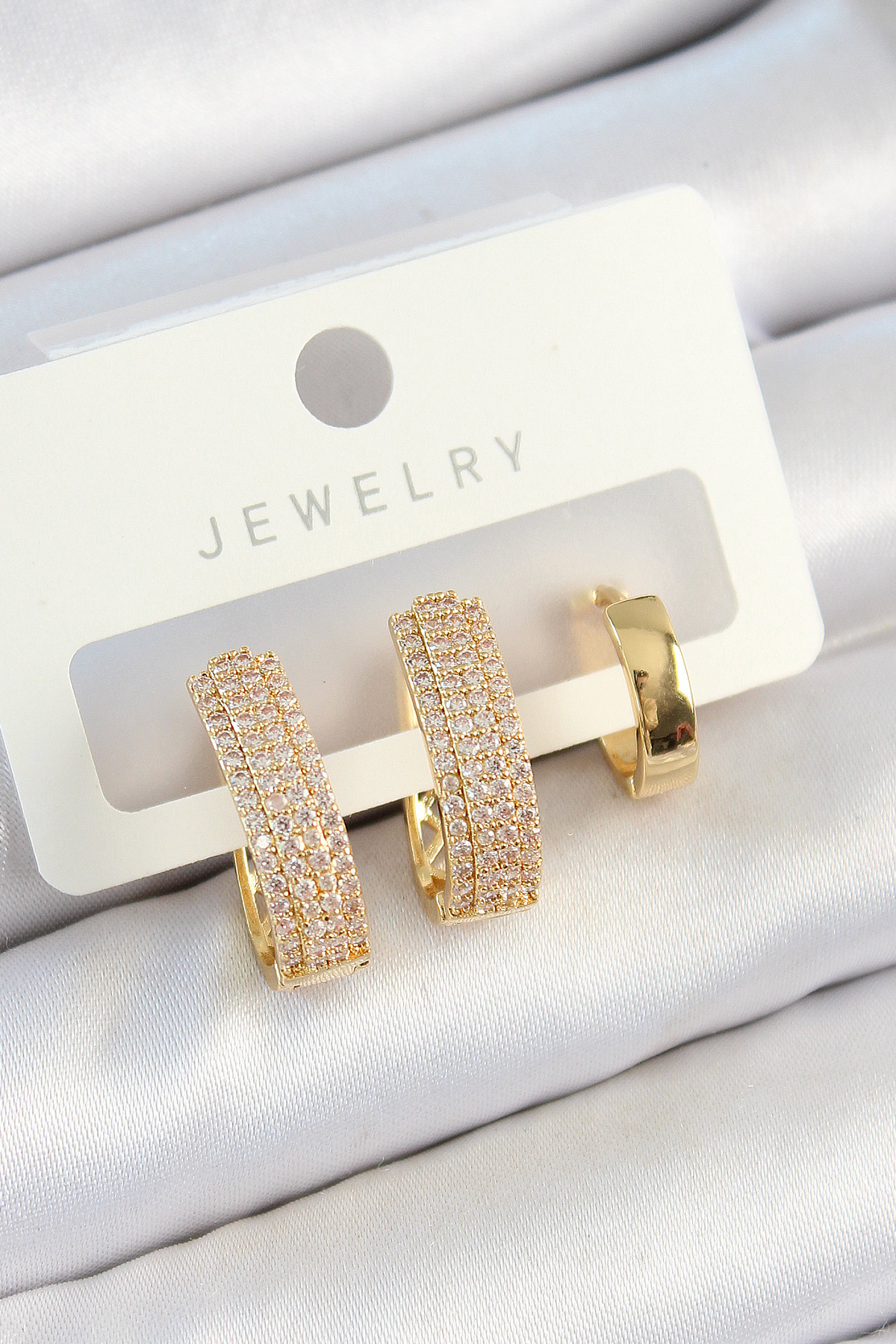Pirinç Zirkon Taşlı Damla Model Gold Renk 3'lü Çift Kadın Küpe Set - Lisinya