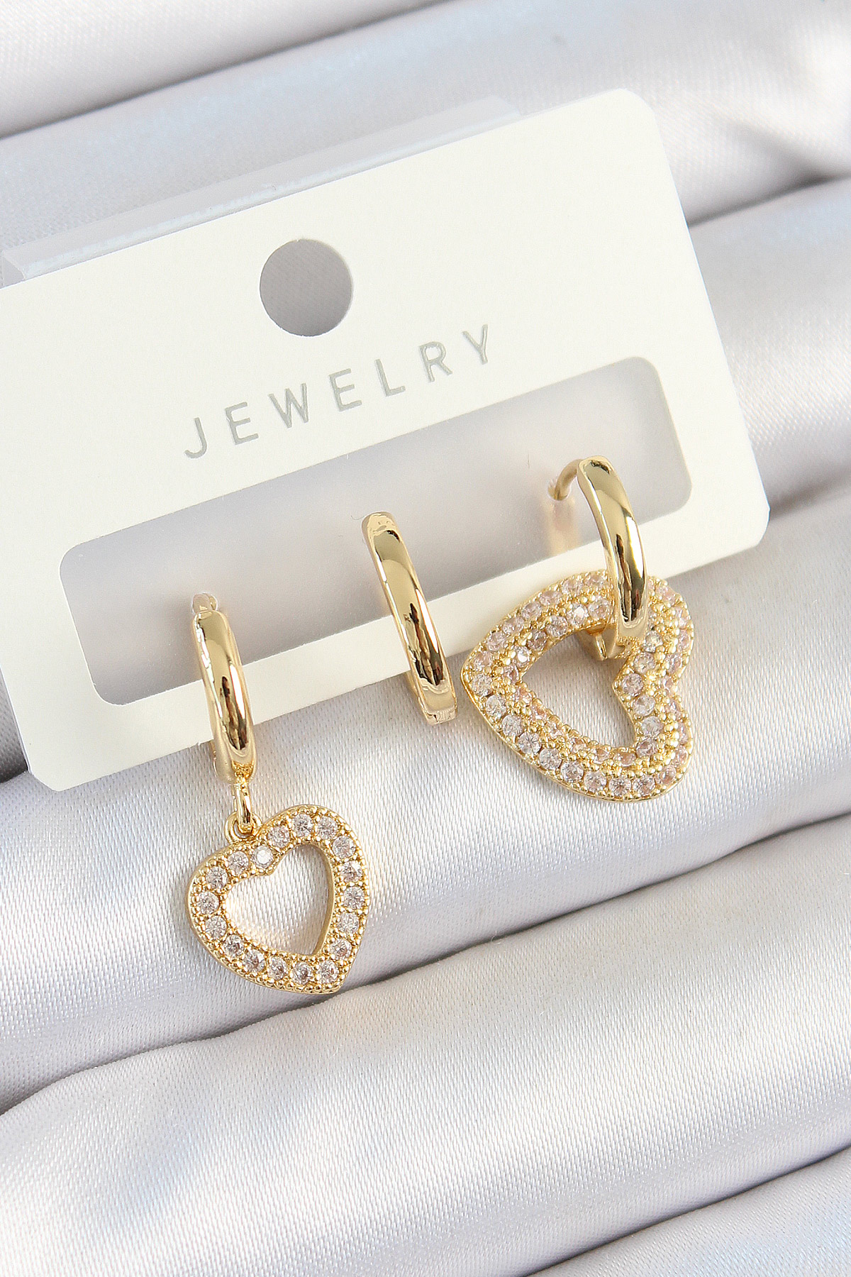 Pirinç Zirkon Taşlı Kalp Model Gold Renk 3'lü Çift Kadın Küpe Set - Lisinya
