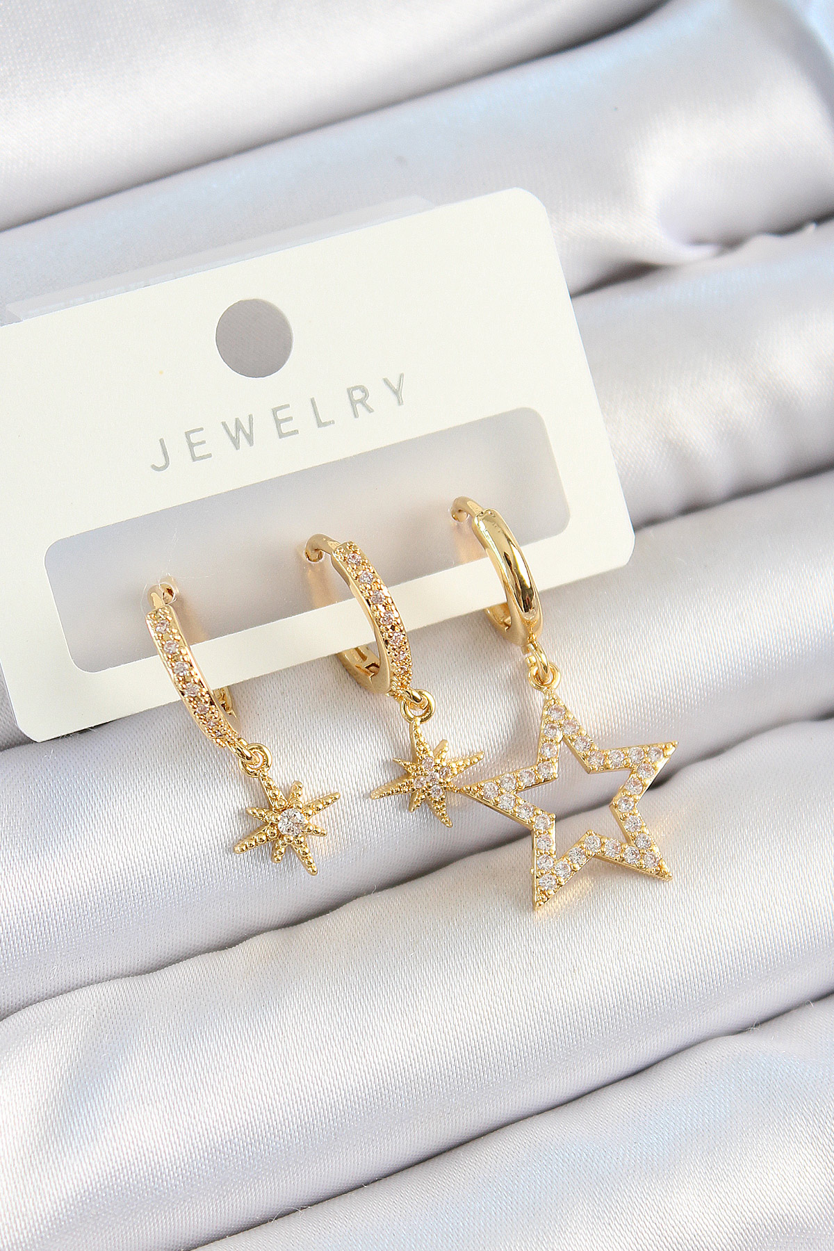 Pirinç Zirkon Taşlı Yıldız Model Gold Renk 3'lü Çift Kadın Küpe Set - Lisinya