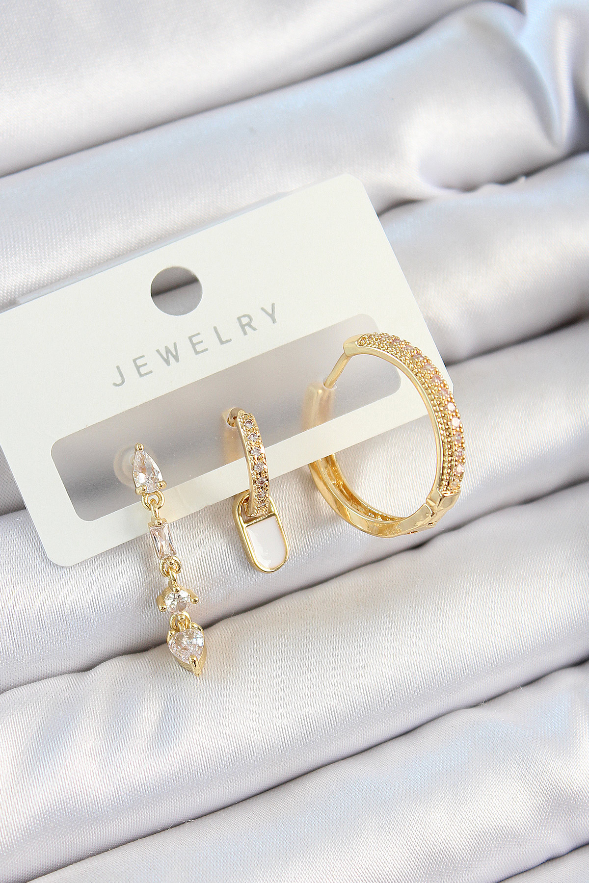 Pirinç Zirkon Taşlı Sallantılı Model Gold Renk 3'lü Çift Kadın Küpe Set - Lisinya