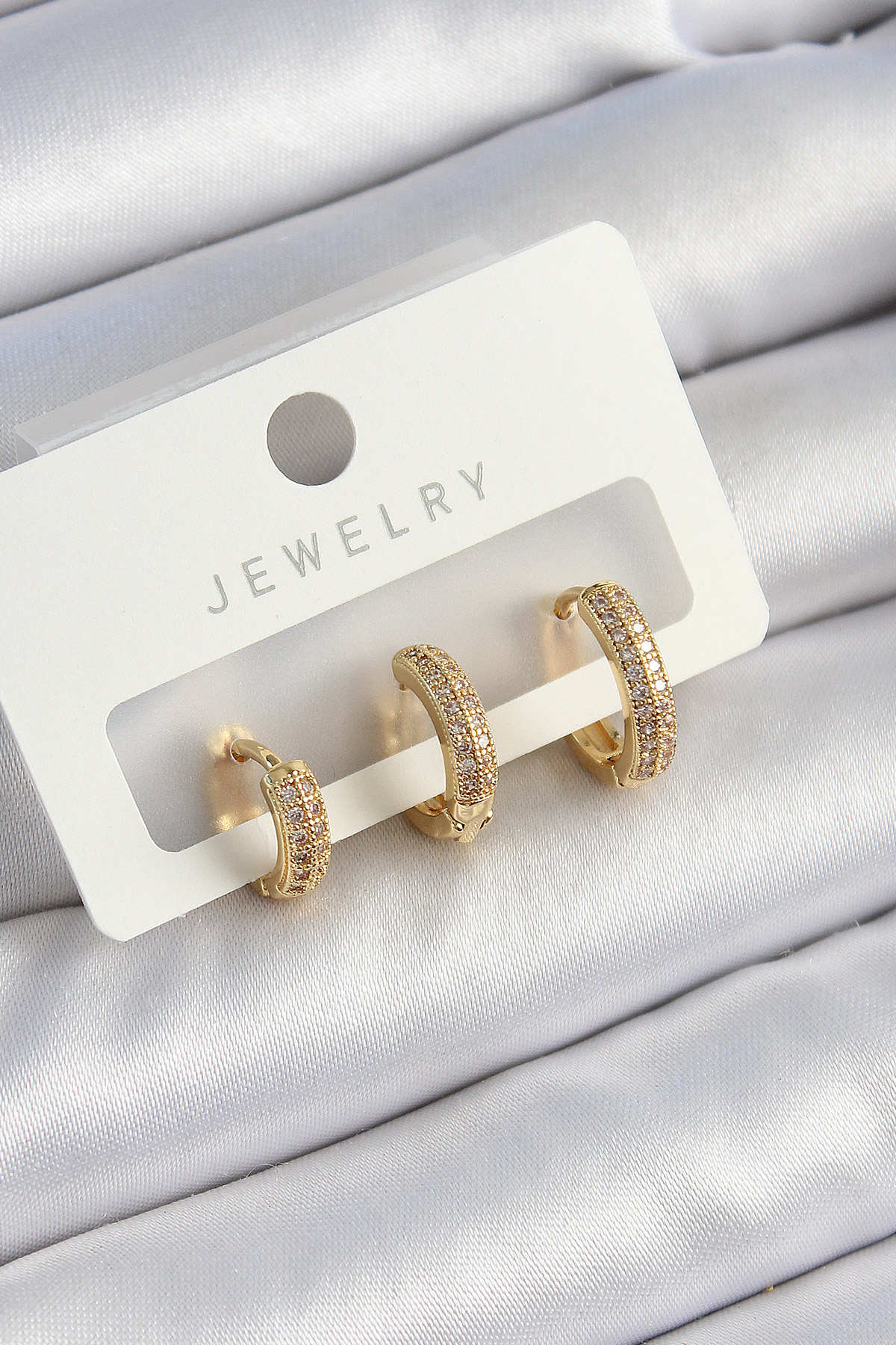 Pirinç Zirkon Taşlı Yıldız Model Gold Renk 3'lü Çift Kadın Küpe Set - Lisinya
