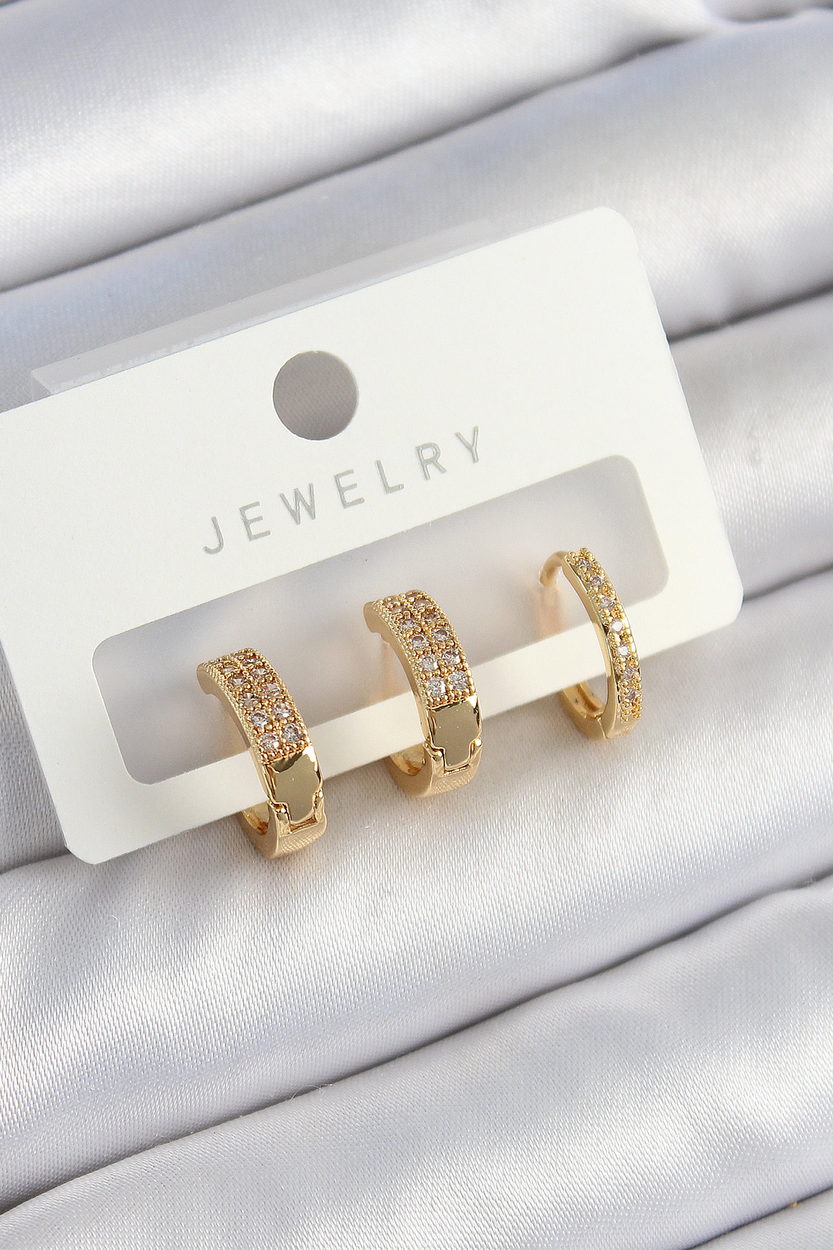 Pirinç Zirkon Taşlı Halka Model Gold Renk 3'lü Çift Kadın Küpe Set - Lisinya