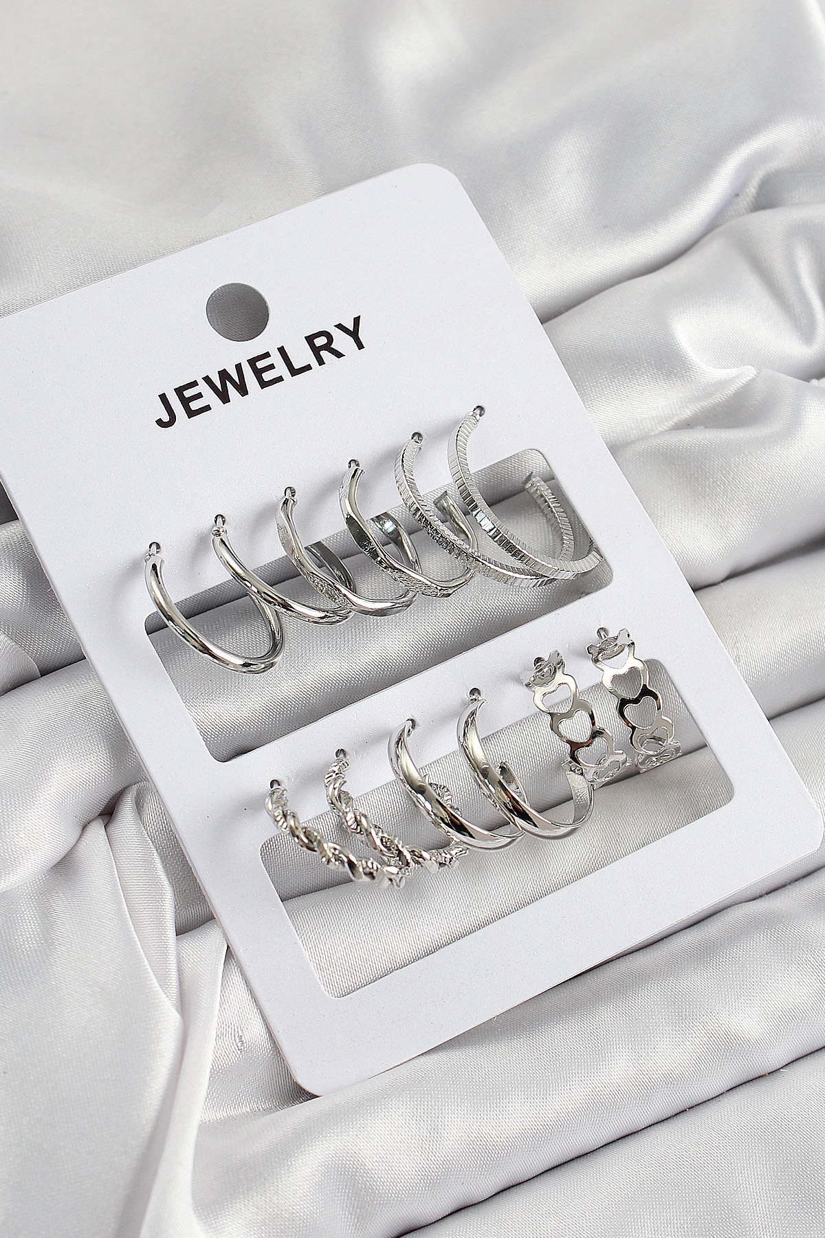 Pirinç Karışık Halka Model Gümüş Renk 6 Çift Kadın Küpe Set - Lisinya