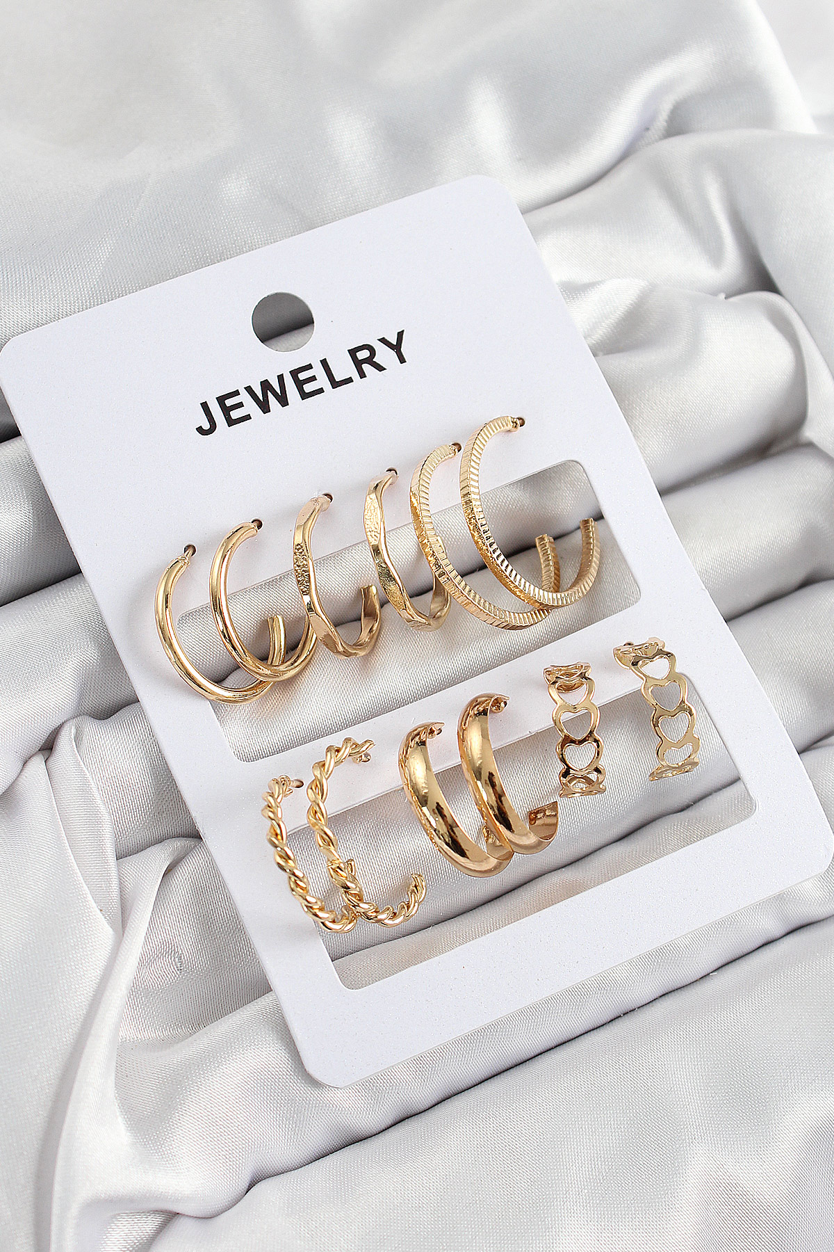 Pirinç Karışık Halka Model Gold Renk 6 Çift Kadın Küpe Set - Lisinya