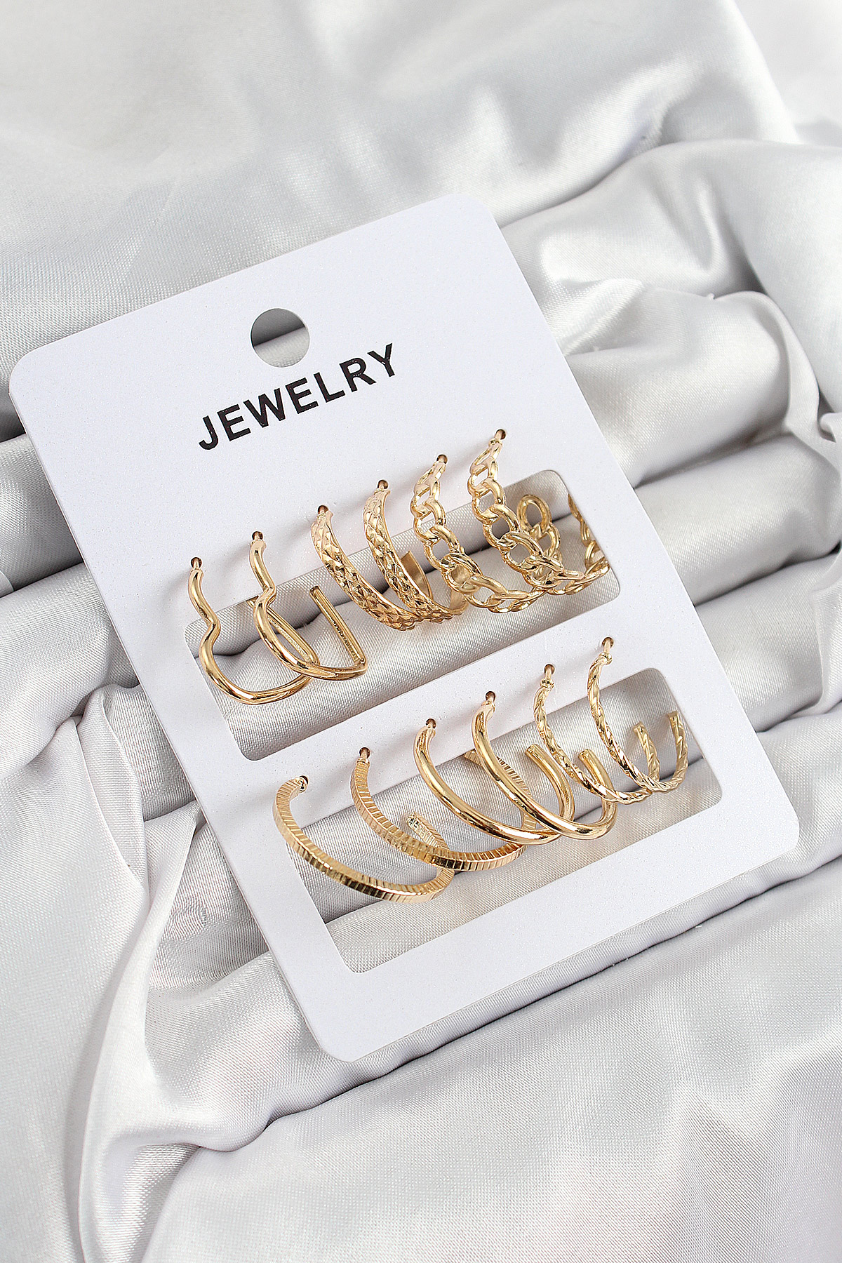 Pirinç Karışık Halka Model Gold Renk 6 Çift Kadın Küpe Set - Lisinya