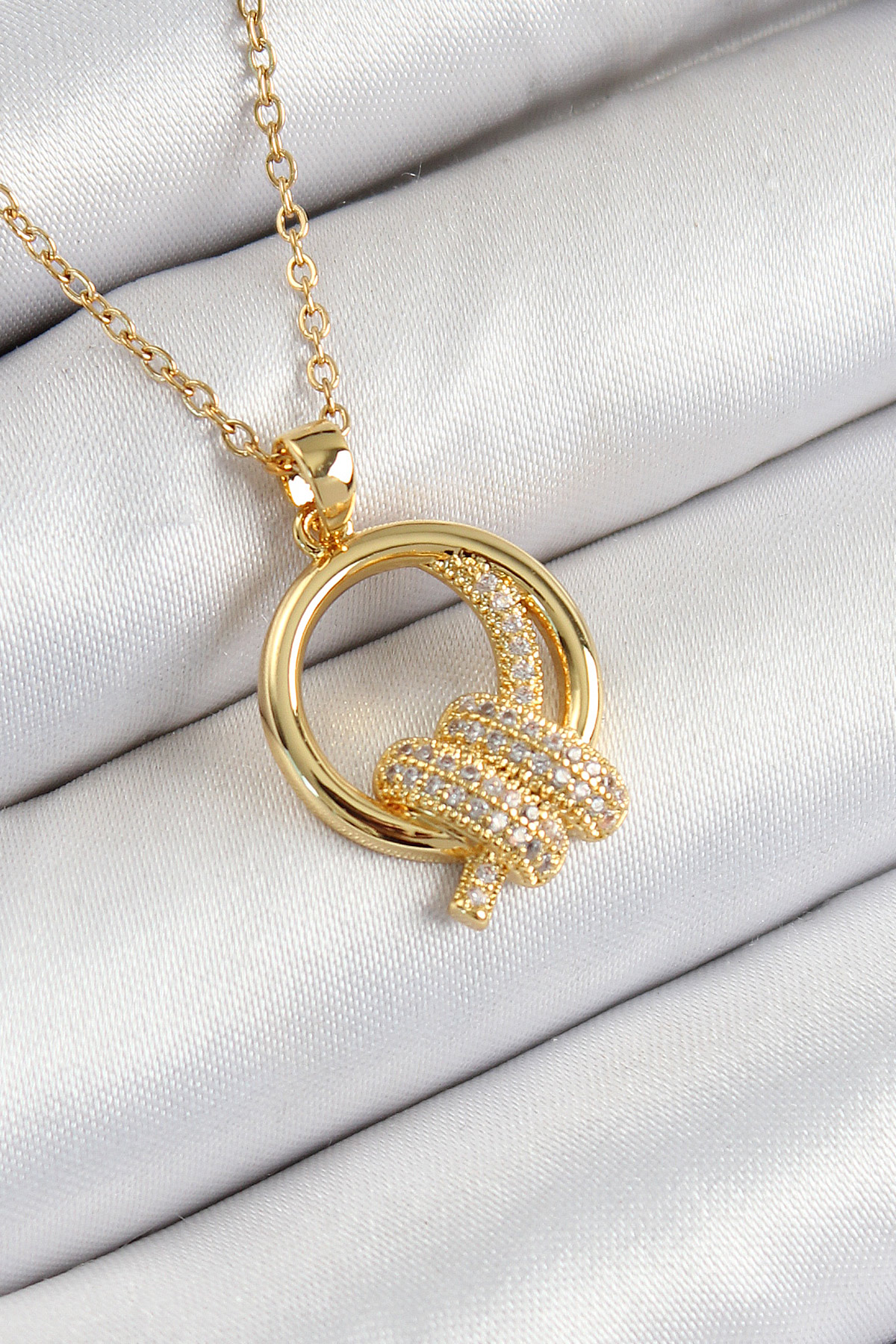 316L Çelik Zirkon Taşlı Düğüm Model Gold Renk Kadın Kolye - Lisinya
