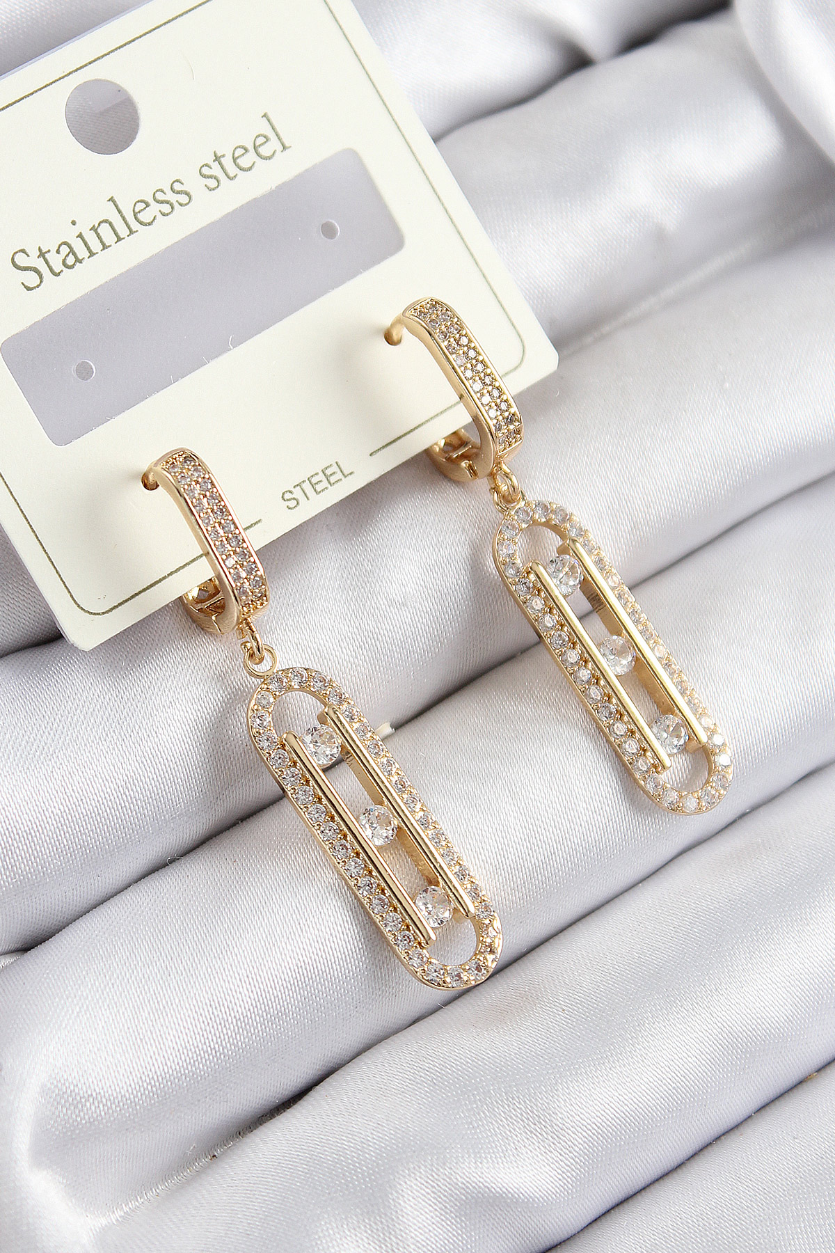 316L Çelik Zirkon Taşlı Sallantılı Messika Model Gold Renk Kadın Küpe - Lisinya