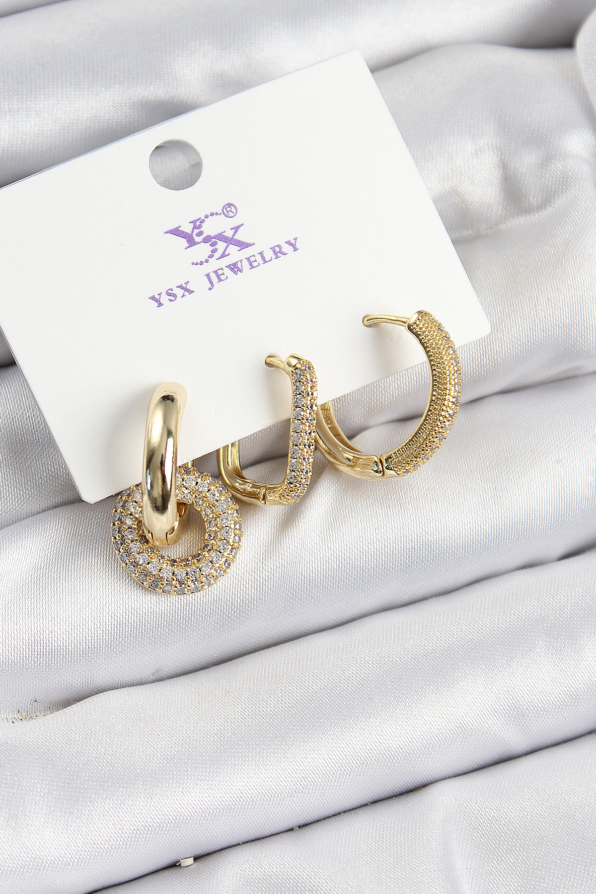 Pirinç Zİrkon Taşlı Halka Model Gold Renk 3'lü Kadın Küpe - Lisinya