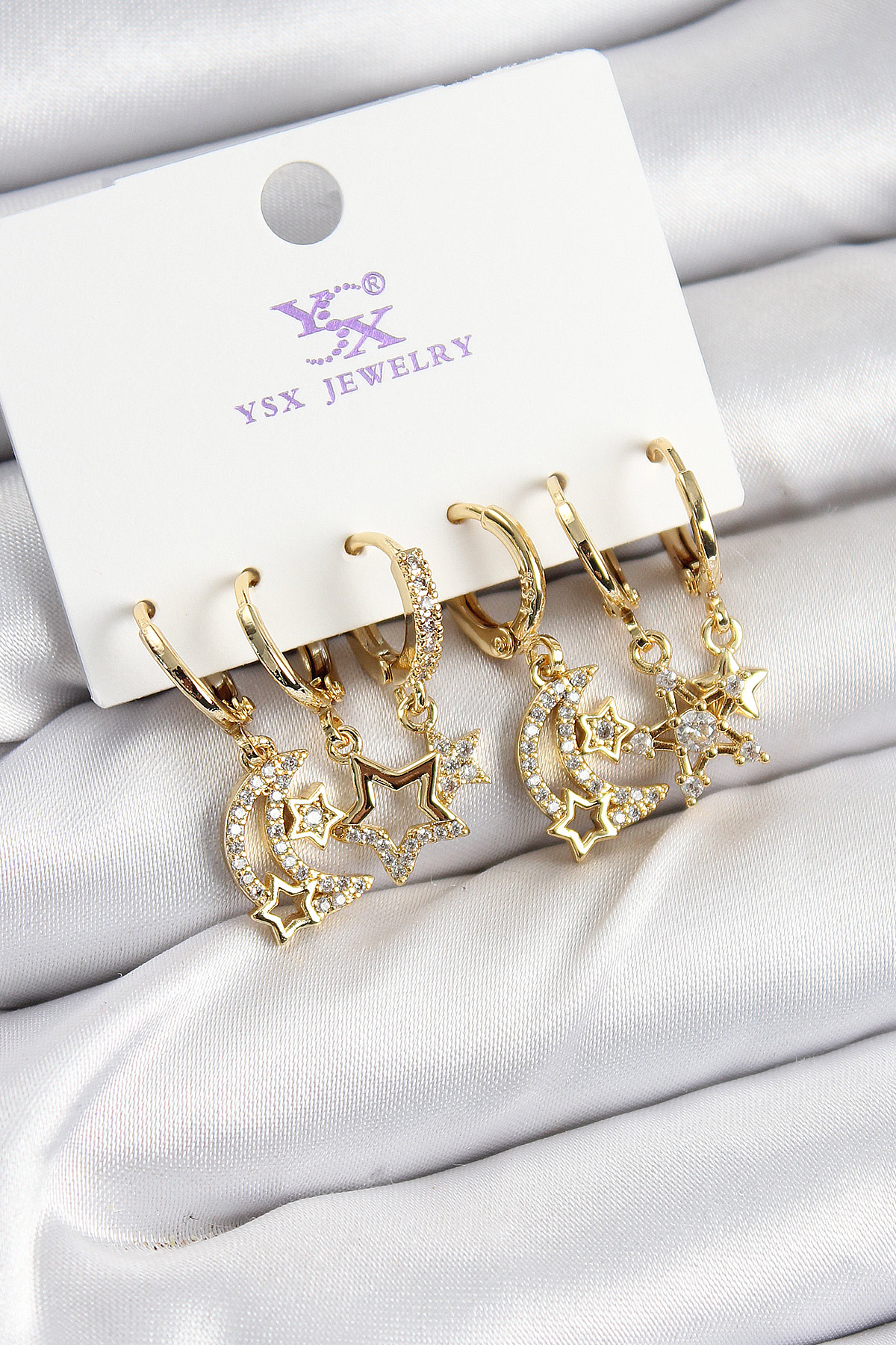 Pirinç Zİrkon Taşlı Ay ve Yıldız Model Gold Renk 3'lü Çift Kadın Küpe - Lisinya