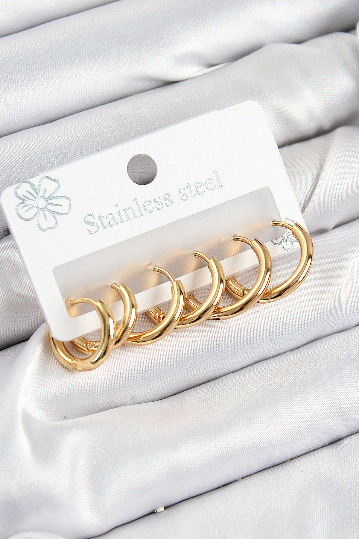 316L Çelik Halka Model Gold Renk 3'lü Set Kadın Küpe - Lisinya