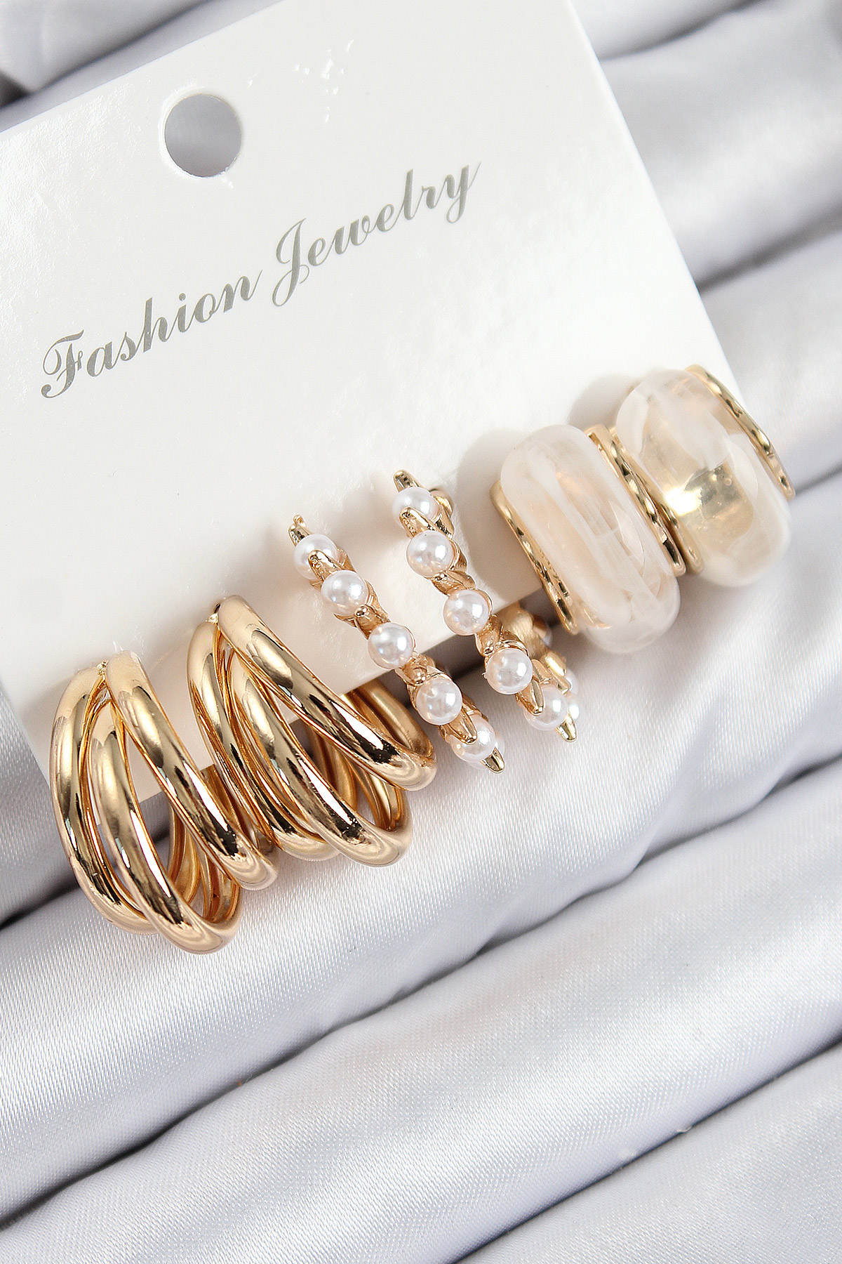 Pirinç İncili Halka Model Gold Renk Kadın Set Küpe - Lisinya