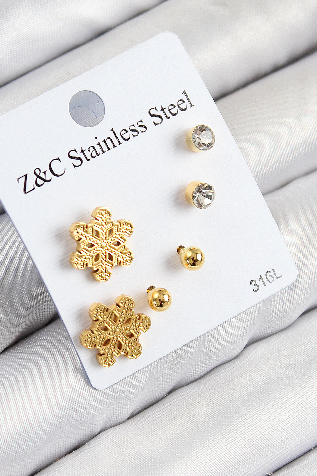 316L Çelik Zirkon Taşlı Kar Tanesi Model Gold Renk Kadın Set Küpe - Lisinya