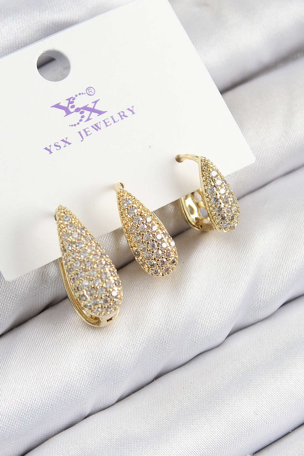 Pirinç Zirkon Taşlı 3'lü Damla Model Gold Renk Kadın Küpe - Lisinya