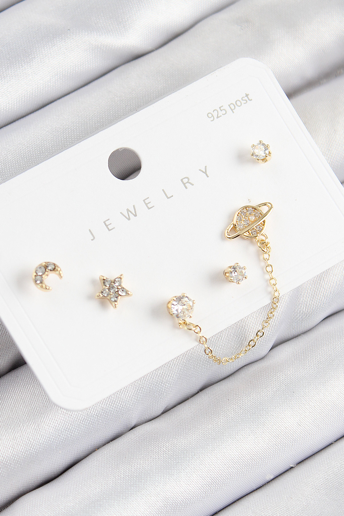 Pirinç Zirkon Taşlı Yıldız Ve Gezegen Model Gold Renk 925 Ayar Gümüş Çivi Kadın Küpe Set - Lisinya