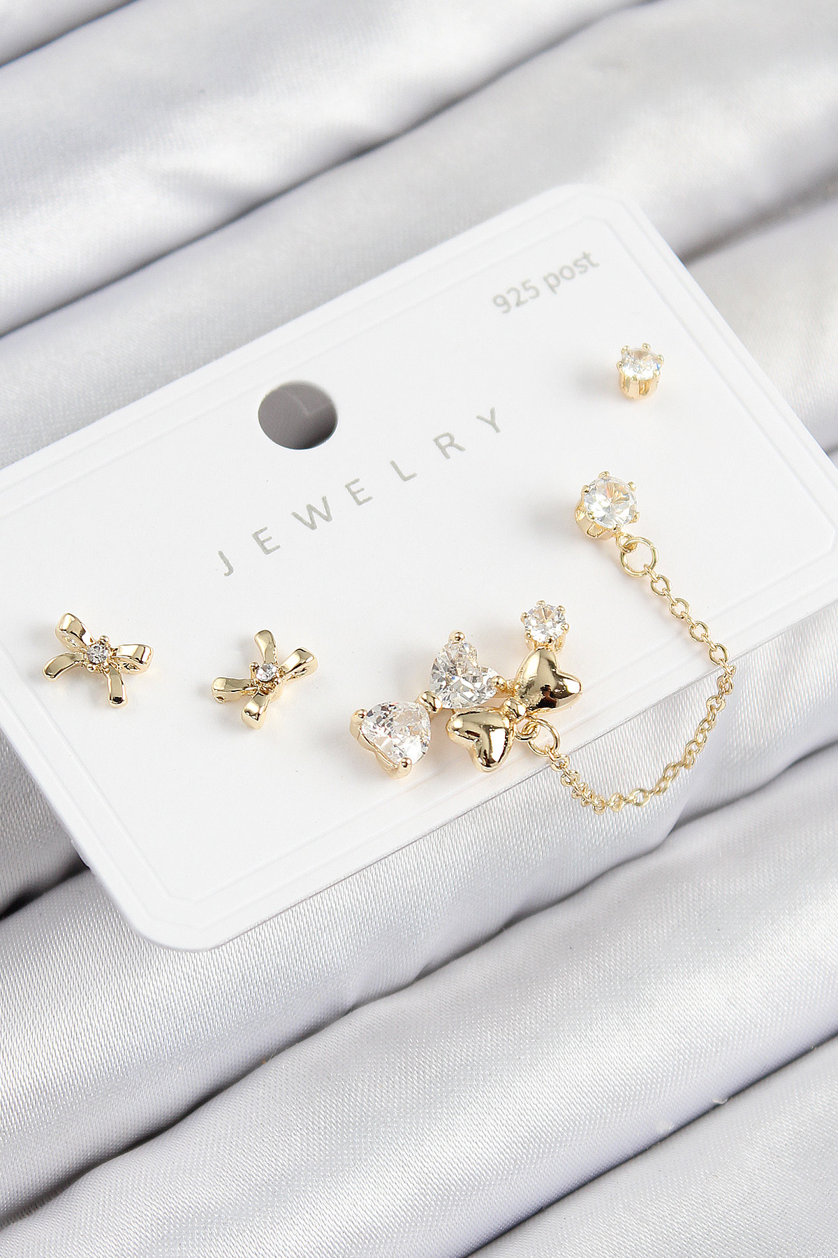 Pirinç Zirkon Taşlı Fiyonk Model Gold Renk 925 Ayar Gümüş Çivi Kadın Küpe Set - Lisinya Pirinç Zirkon Taşlı Fiyonk Model Gold Renk 925 Ayar Gümüş Çivi Kadın Küpe Set - Lisinya