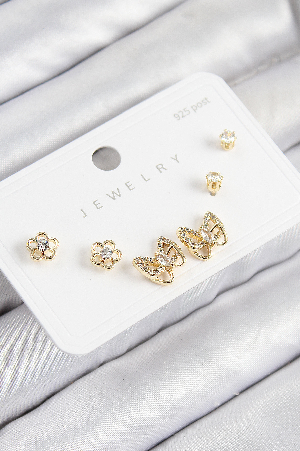 Pirinç Zirkon Taşlı Kelebek Model Gold Renk 925 Ayar Gümüş Çivi Kadın Küpe Set - Lisinya