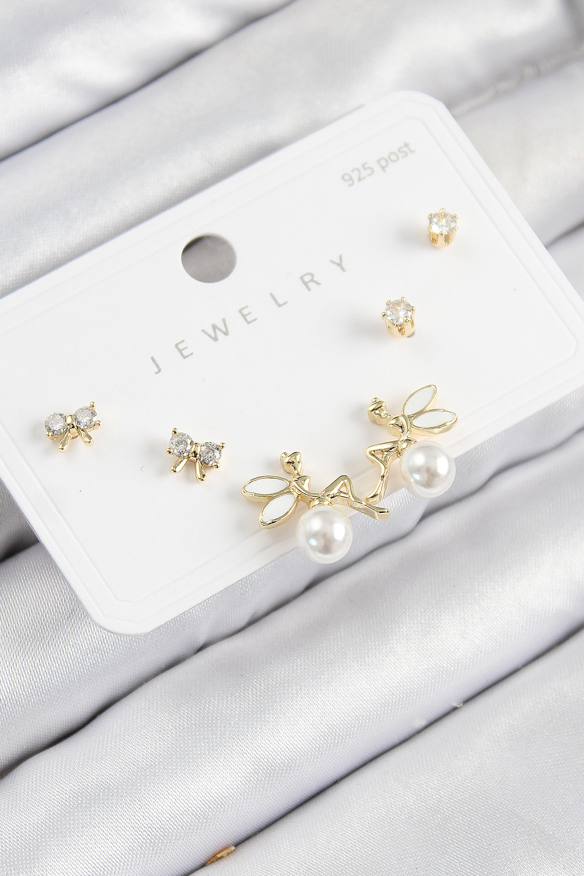 Pirinç Zirkon Taşlı İnci Melek Model Gold Renk 925 Ayar Gümüş Çivi Kadın Küpe Set - Lisinya Pirinç Zirkon Taşlı İnci Melek Model Gold Renk 925 Ayar Gümüş Çivi Kadın Küpe Set - Lisinya