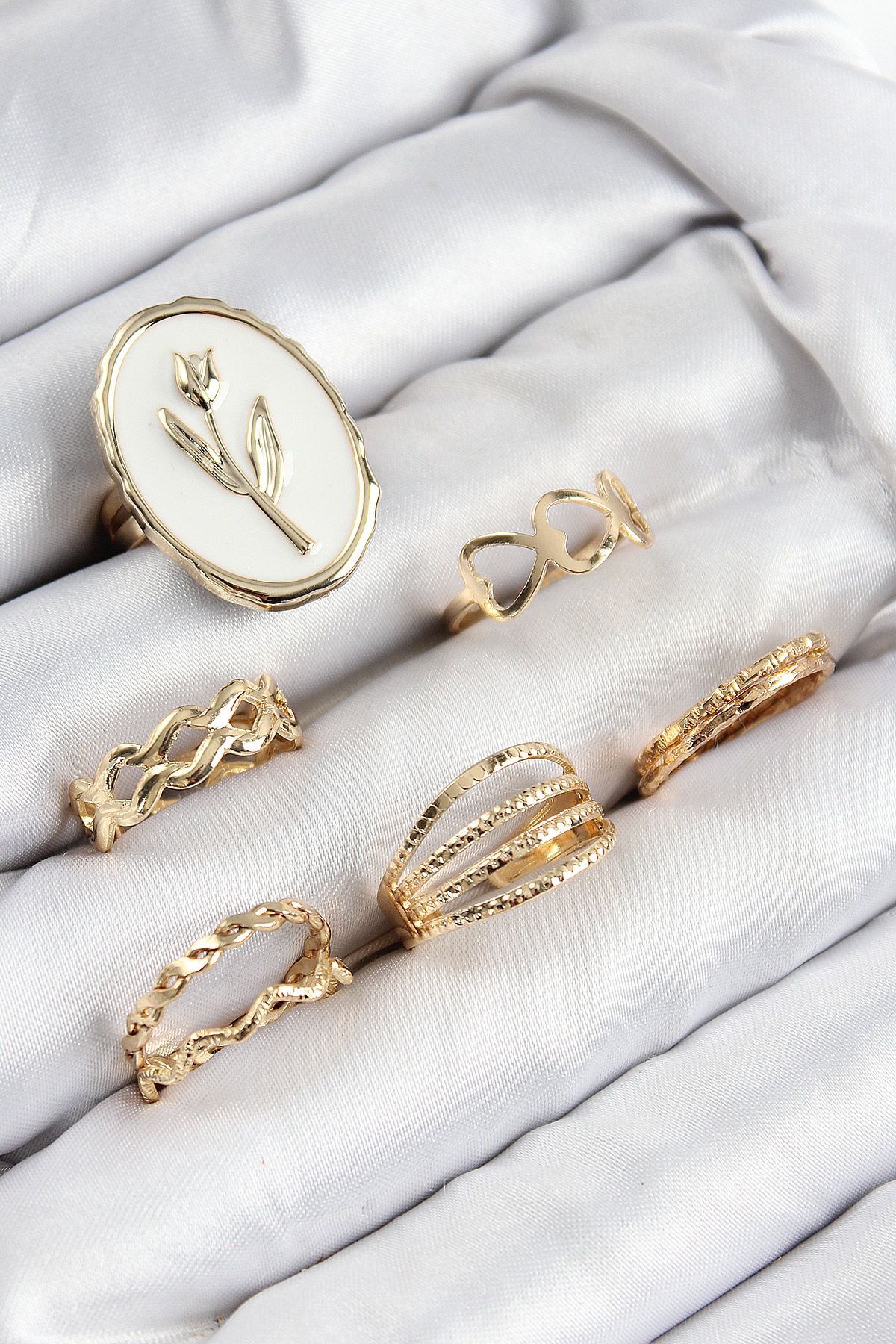 Pirinç Zirkon Taşlı Lale Model Gold Renk Kadın Yüzük Kombin Set - Lisinya