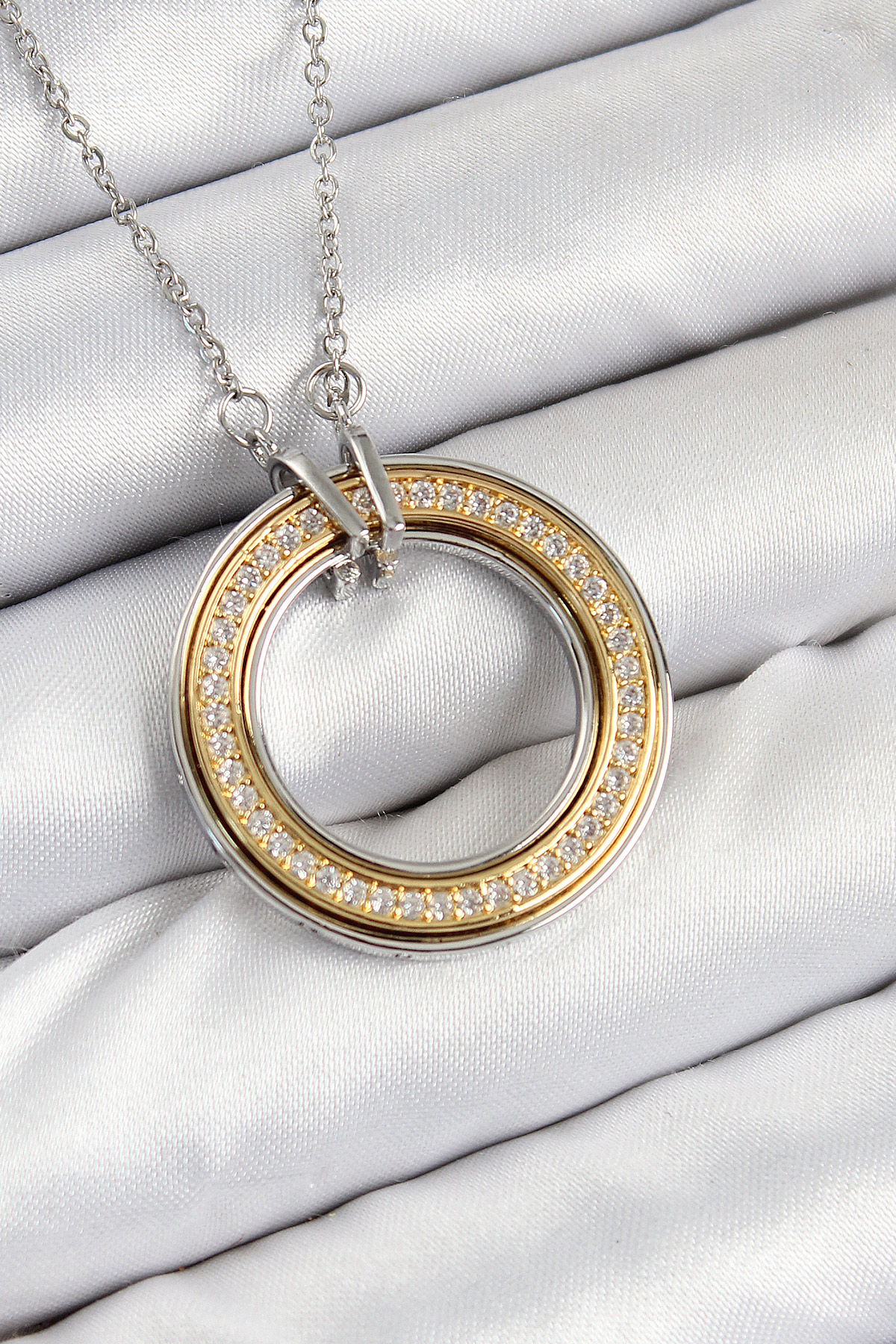 316L Çelik Zirkon Taşlı Dönen Daire Model Gold Ve Gümüş Renk Kadın Kolye - Lisinya