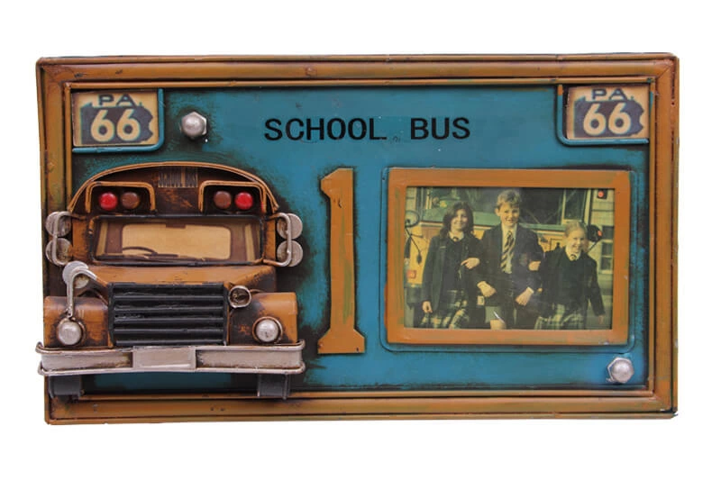Vintage Tasarım Dekoratif Metal Çerçeve Okul Otobüsü Dekorlu ( Lisinya )