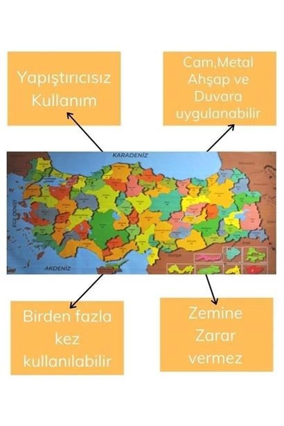 Renkli Türkiye Haritası Manyetik Yapıştırıcı Gerektirmeyen Duvar Stickerı 118 Cm * 56 Cm ( Lisinya )
