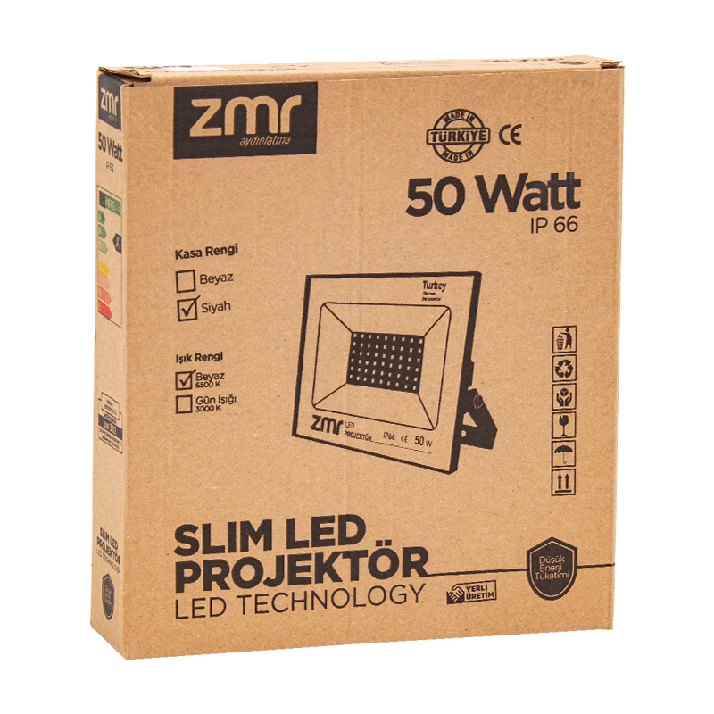 Zmr 50 Watt - 220 Volt 6500k Ip66 150* Işık Açısı Siyah Slim Kasa Led Projektör ( Lisinya )