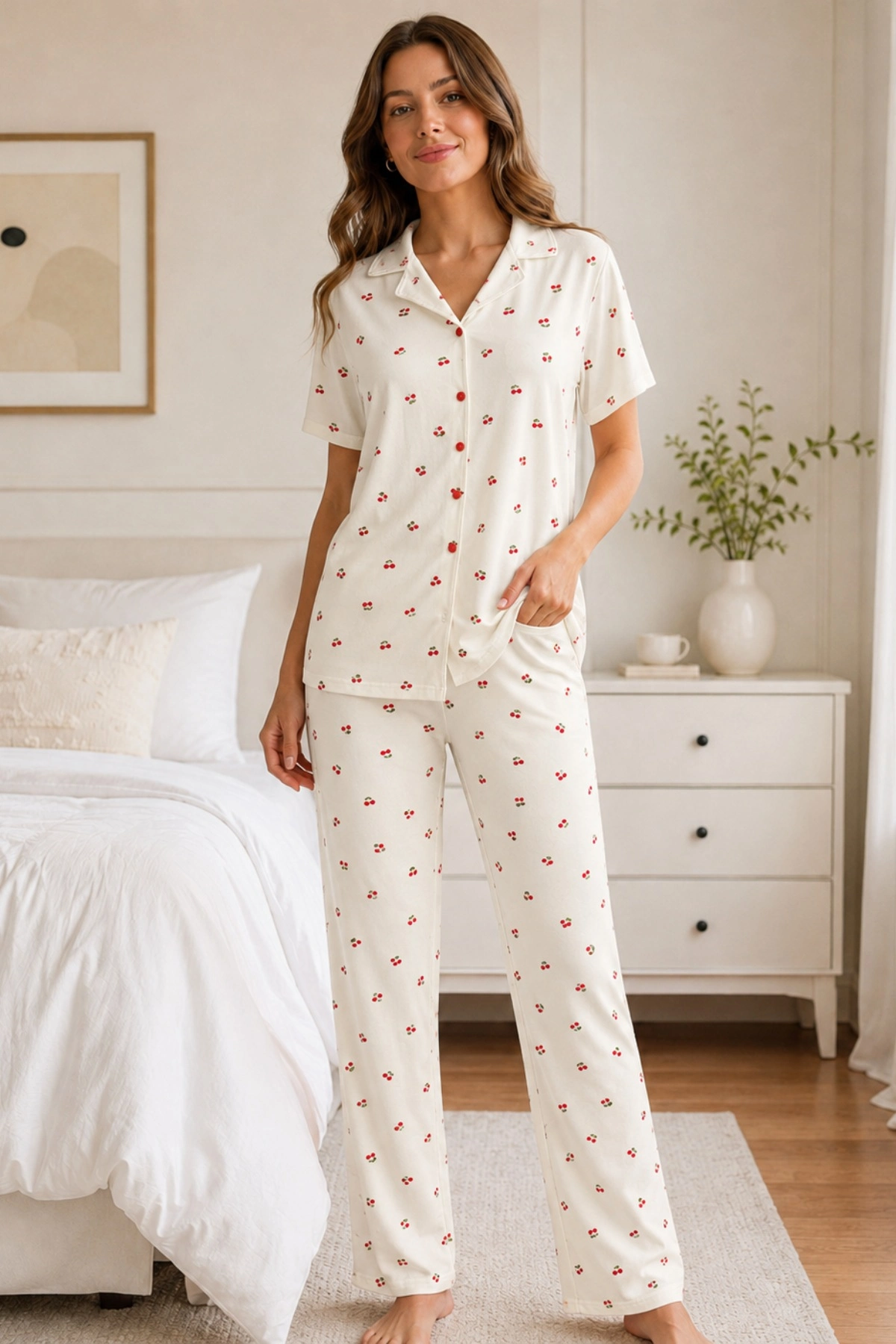 Beyaz Kiraz Desenli Kısa Kollu Gömlek Yaka Milan Kumaş Kadın Pijama Takımı Beyaz Kiraz Desenli Kısa Kollu Gömlek Yaka Milan Kumaş Kadın Pijama Takımı