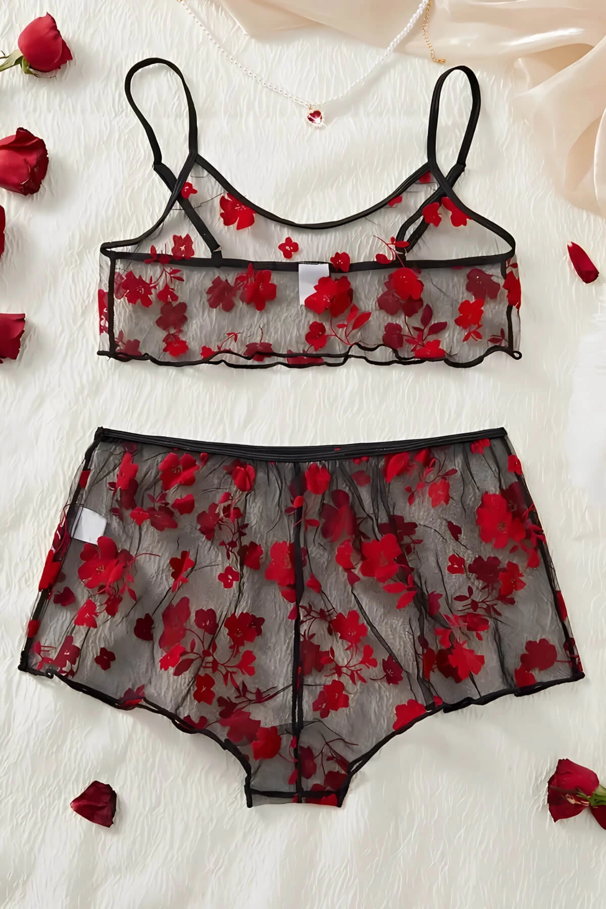 Çiçek Desenli Siyah Transparan Şortlu Gecelik TM1377