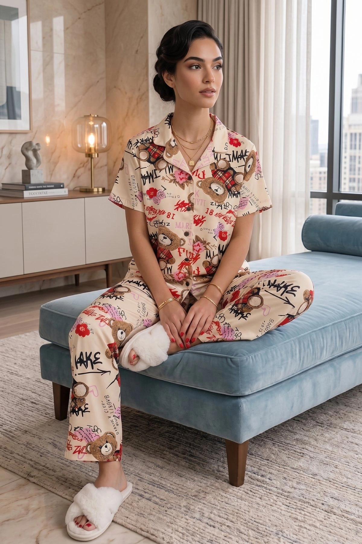 Ekru Ayıcık Desenli Kısa Kollu Gömlek Yaka Milan Kumaş Kadın Pijama Takımı Ekru Ayıcık Desenli Kısa Kollu Gömlek Yaka Milan Kumaş Kadın Pijama Takımı