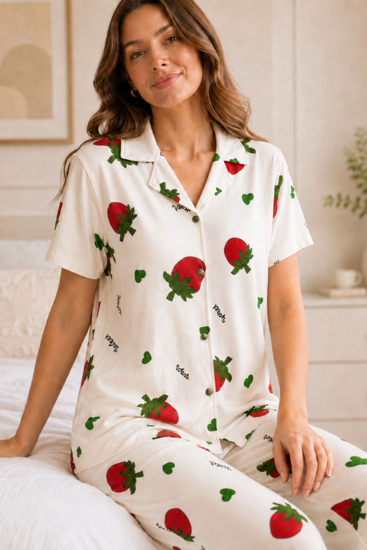 Ekru Çilek Desenli Kısa Kollu Gömlek Yaka Milan Kumaş Kadın Pijama Takımı Ekru Çilek Desenli Kısa Kollu Gömlek Yaka Milan Kumaş Kadın Pijama Takımı