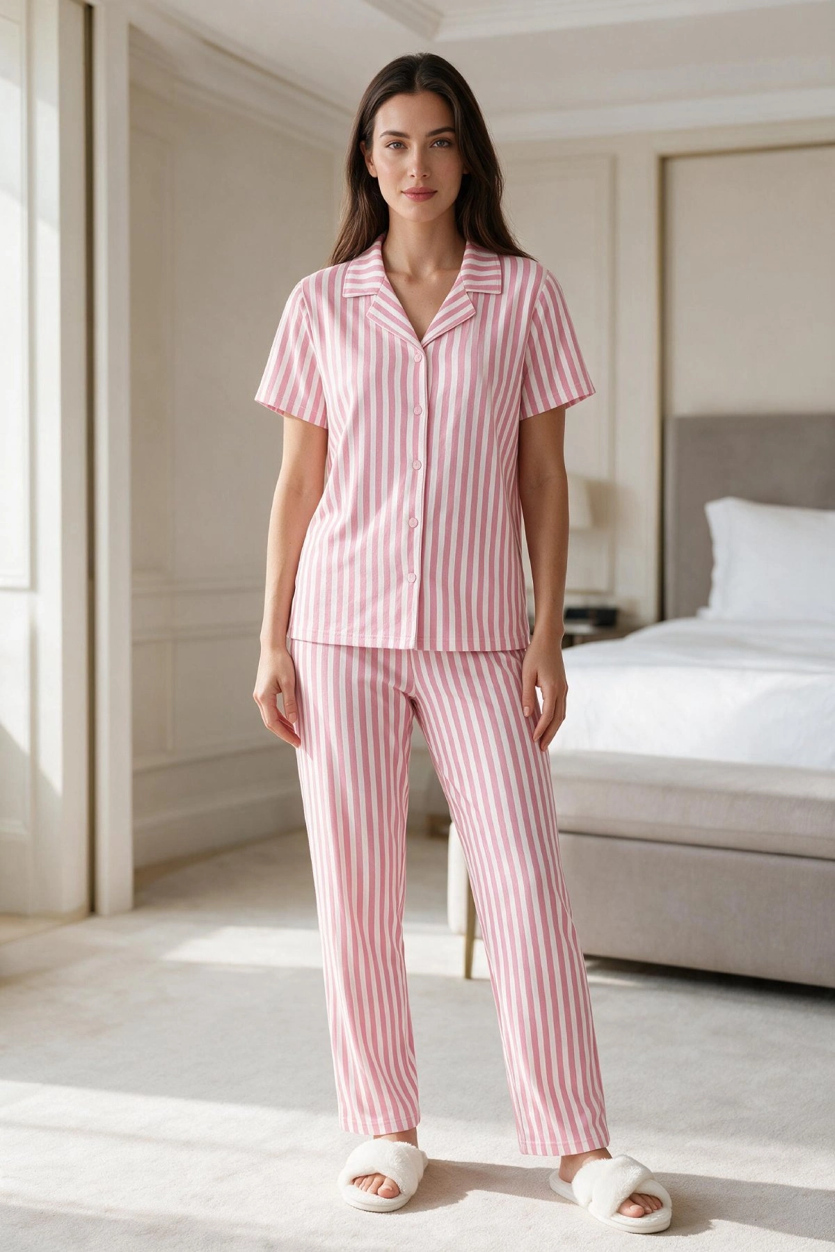 Kadın Pembe Beyaz Çizgili Kısa Kollu Düğmeli Milan Kumaş Pijama Takımı Kadın Pembe Beyaz Çizgili Kısa Kollu Düğmeli Milan Kumaş Pijama Takımı