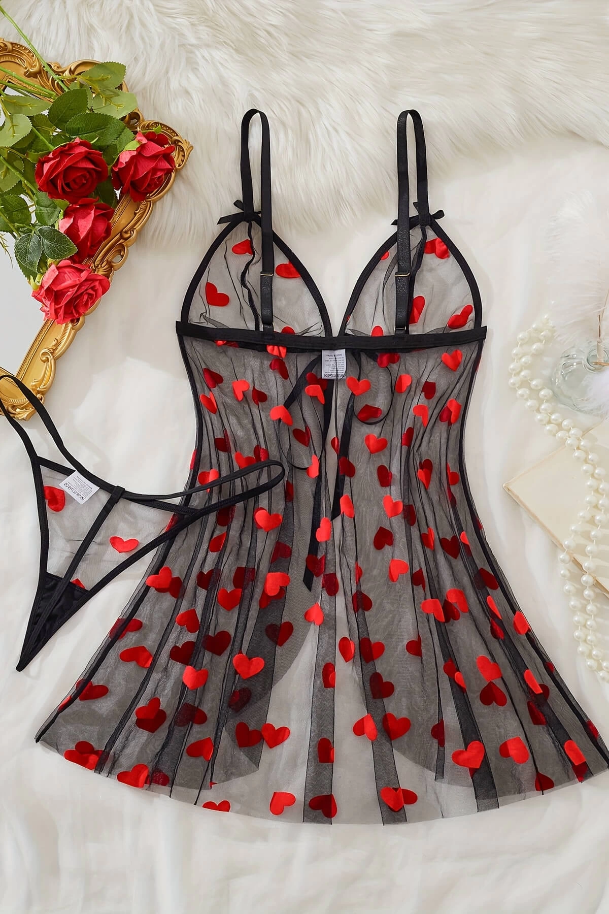 Kalp Desenli Siyah Transparan Gecelik TM1378 Kalp Desenli Siyah Transparan Gecelik TM1378