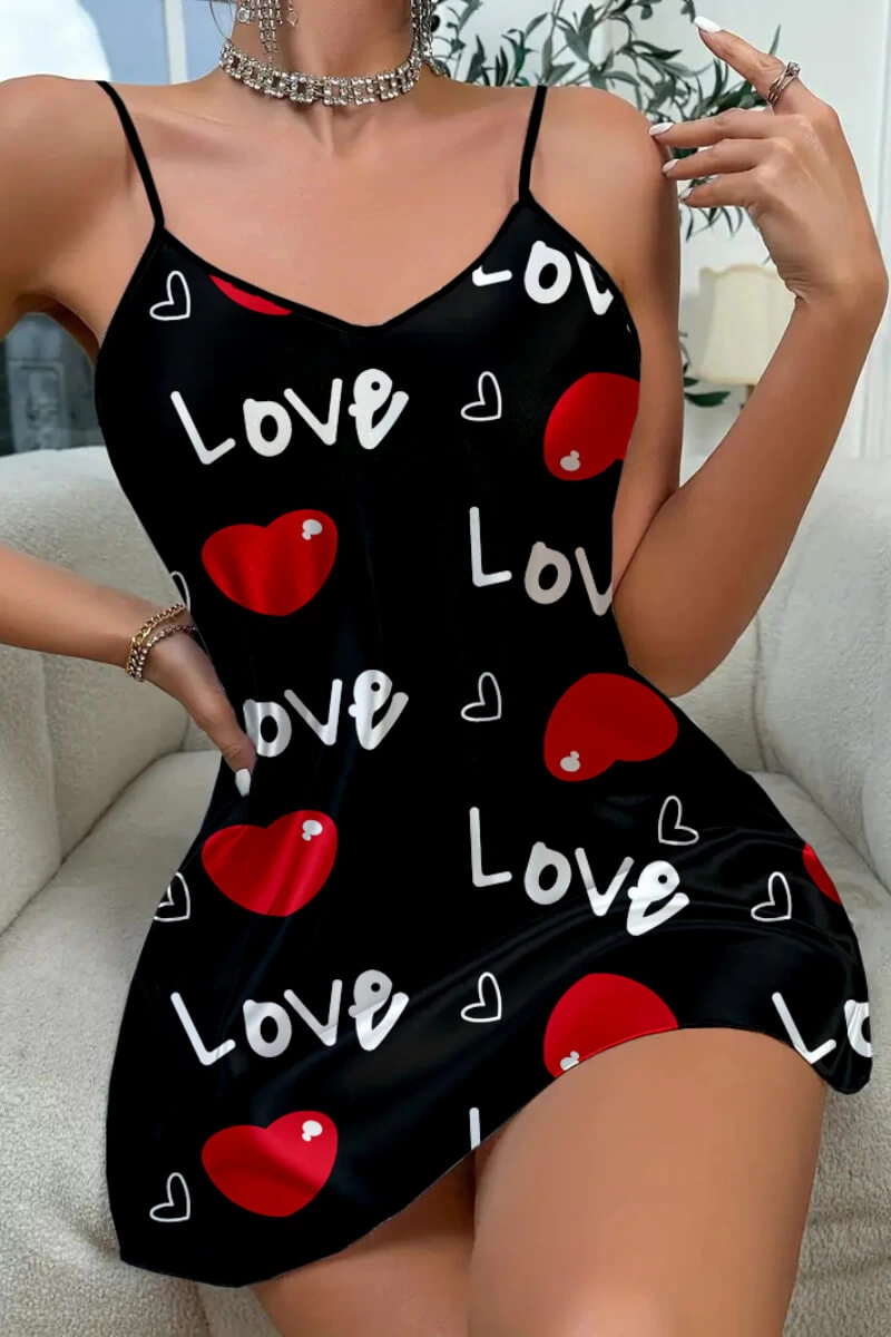 Love Desenli Siyah Saten Gecelik Love Desenli Siyah Saten Gecelik