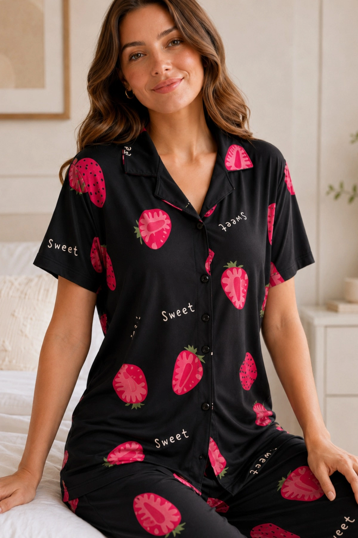 Siyah Çilek Desenli Kısa Kollu Gömlek Yaka Milan Kumaş Kadın Pijama Takımı Siyah Çilek Desenli Kısa Kollu Gömlek Yaka Milan Kumaş Kadın Pijama Takımı