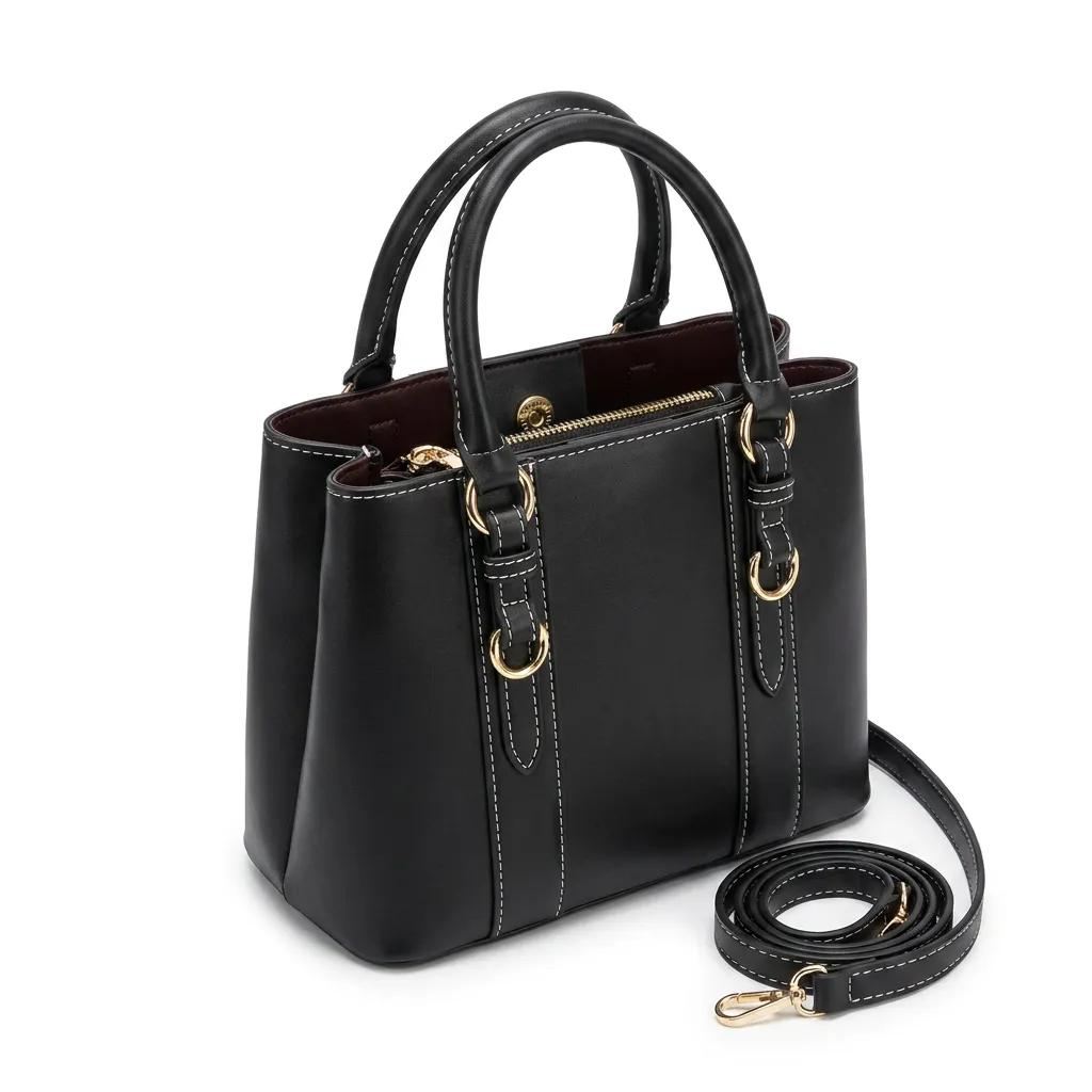 Siyah Kilit Detaylı 3 Gözlü Kadın El ve Çapraz Askılı Çanta 24x18 cm - Lisinya