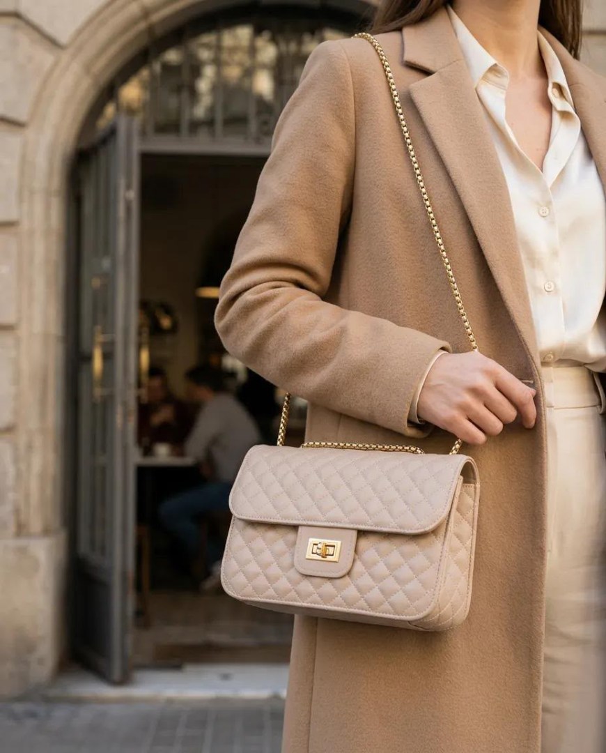 Bej Kapitone Suni Deri Gold Zincirli Omuz Çanta 23×16 cm - Lisinya