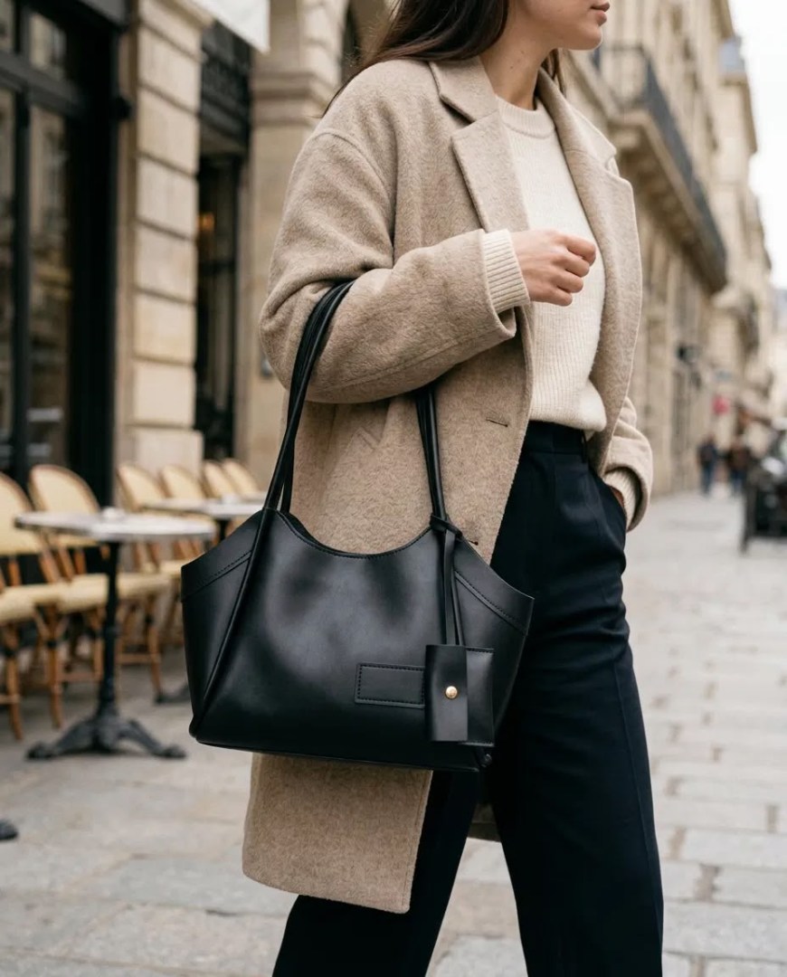 Siyah Gold Aksesuarlı Omuz Çantası Kadın Günlük Şık El ve Omuz Çantası 30x21 cm - Lisinya