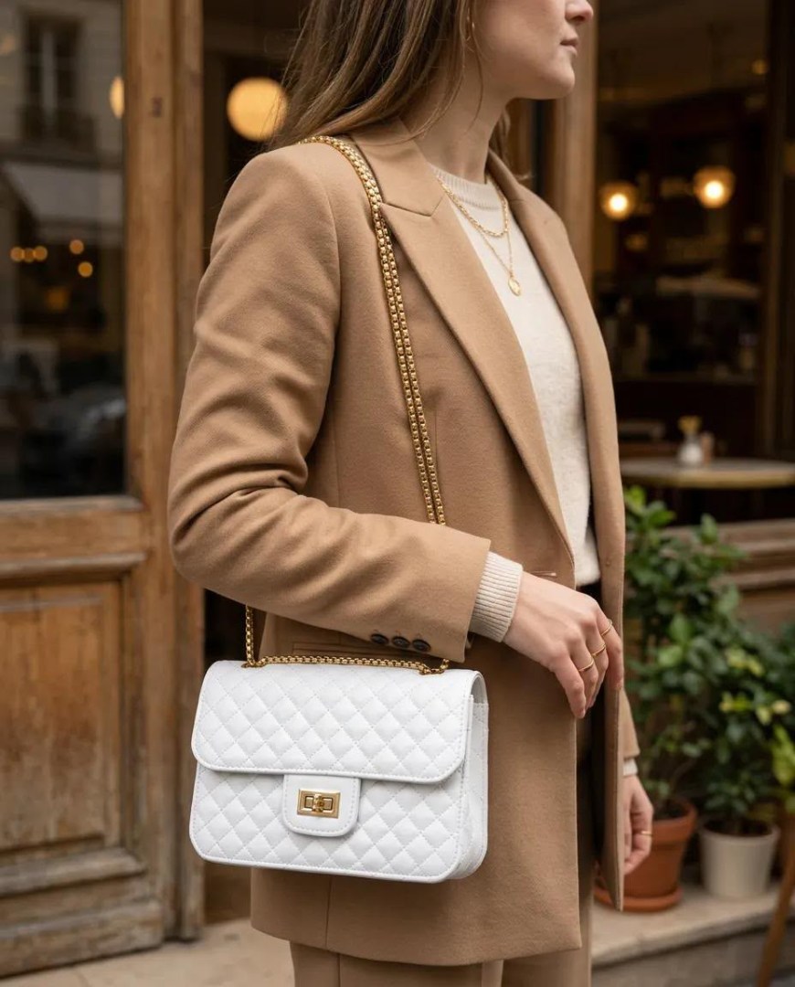 Beyaz Kapitone Suni Deri Gold Zincirli Omuz Çanta 23×16 cm - Lisinya