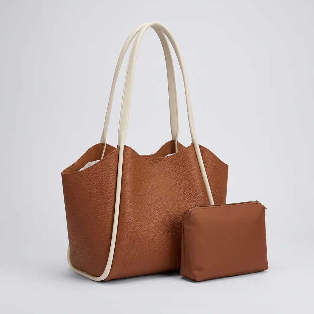 Kadın Kahve Krem Yumuşak Deri Omuz Çantası 30x25 cm Ekstra Makyaj Çantalı - Lisinya