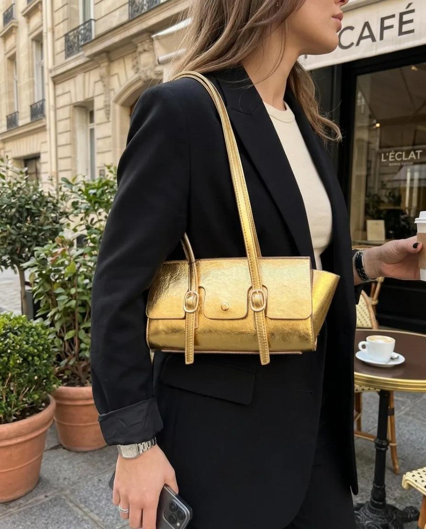 Parlak Gold Mini Omuz Çantası Yumuşak Deri Görünümlü Fermuarlı Kadın El ve Kol Çantası - Lisinya