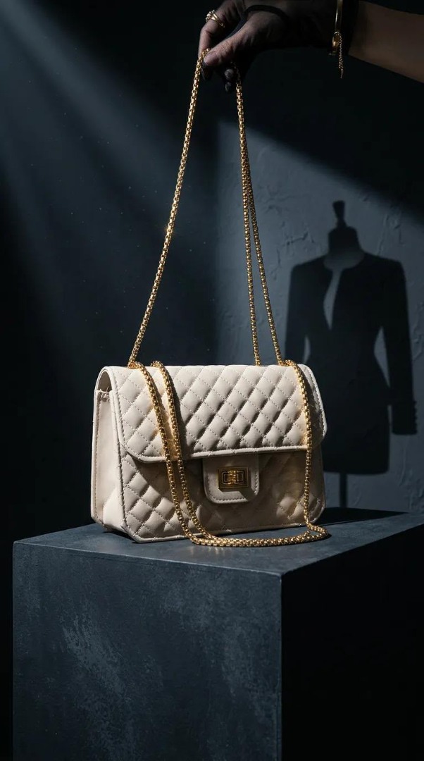 Krem Kapitone Suni Deri Gold Zincirli Omuz Çanta 23×16 cm - Lisinya