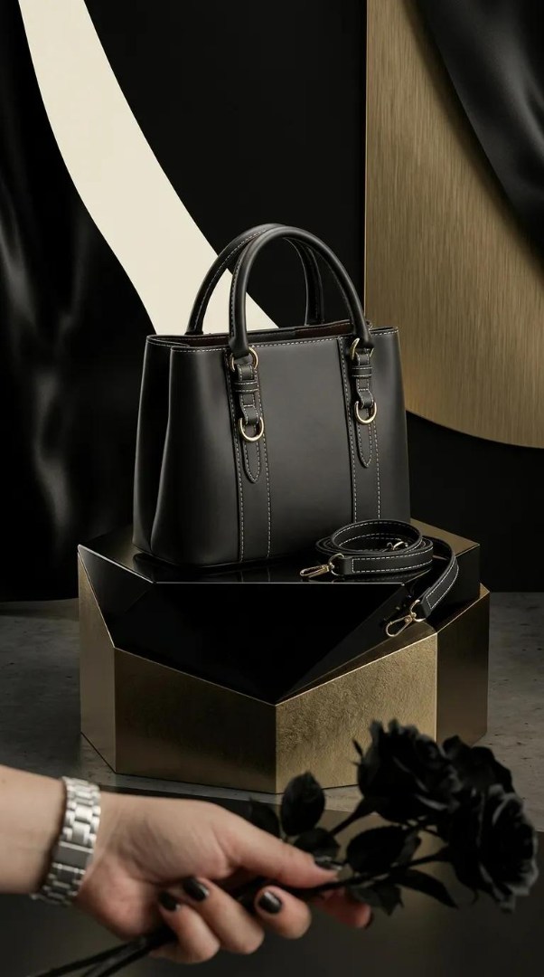 Siyah Kilit Detaylı 3 Gözlü Kadın El ve Çapraz Askılı Çanta 24x18 cm - Lisinya