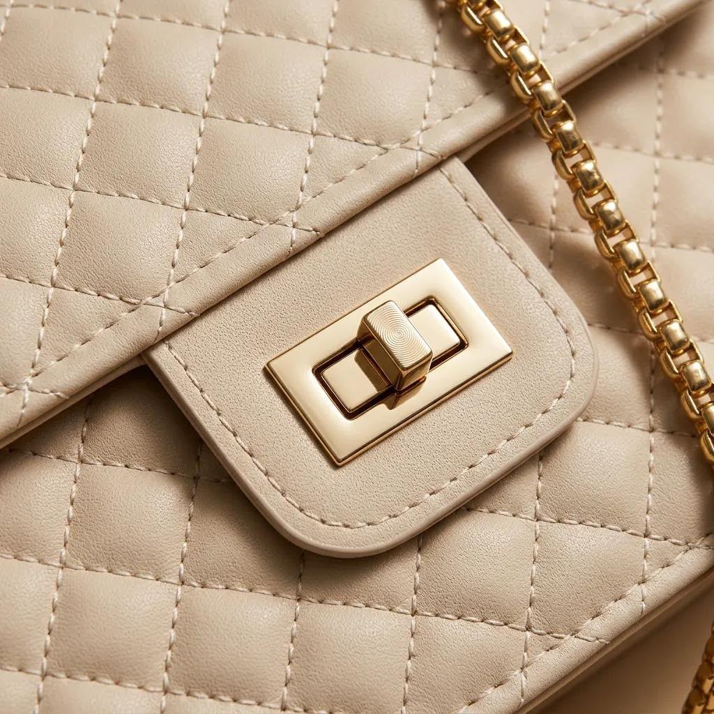 Krem Kapitone Suni Deri Gold Zincirli Omuz Çanta 23×16 cm - Lisinya