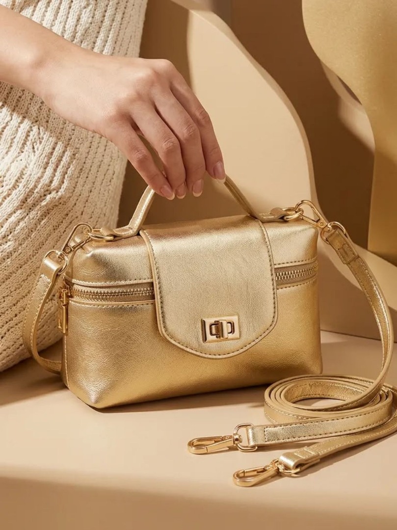 Gold Parlak Görünümlü Kilit Detaylı Mini Kadın El ve Çapraz Askılı Çanta - Lisinya Gold Parlak Görünümlü Kilit Detaylı Mini Kadın El ve Çapraz Askılı Çanta - Lisinya